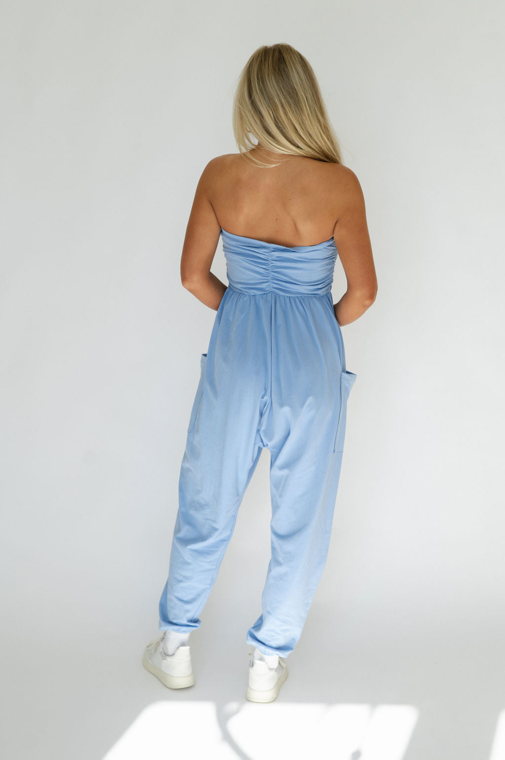 Strapless Ruched Baggy Jumpsuit-Blue