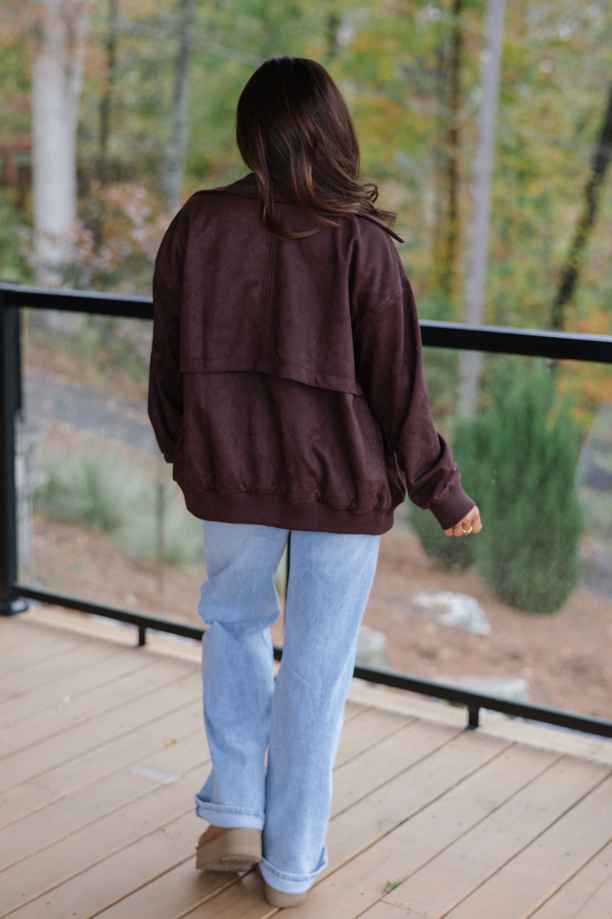 Harper Faux Suede Bomber Jacket-Dark Brown