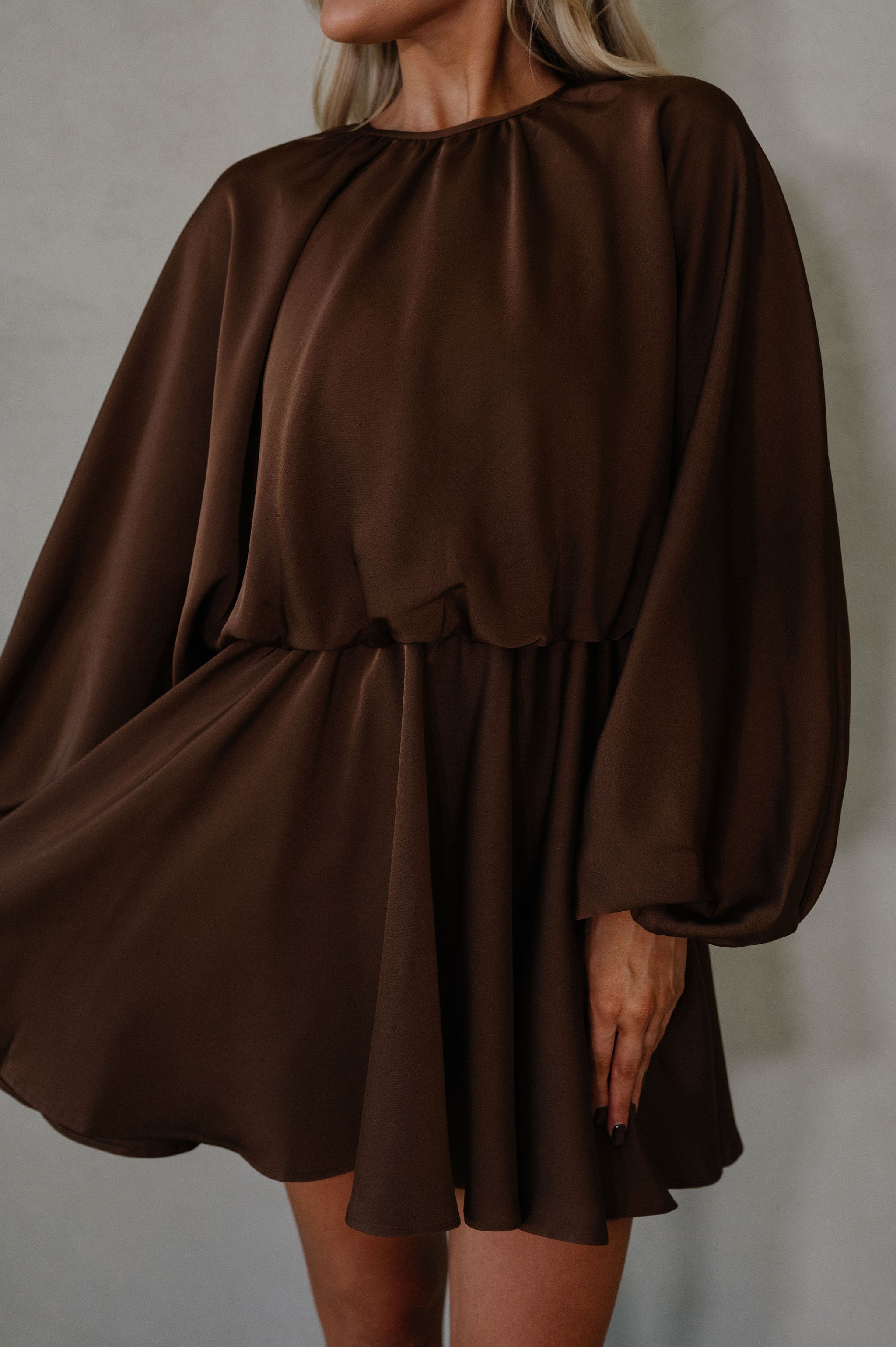 Chloe Balloon Sleeve Mini Dress-Chocolate Brown