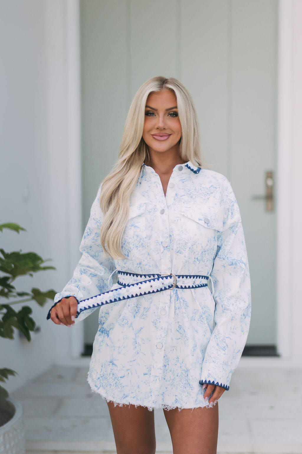 Bexton Floral Belted Tunic- Ivory/Blue