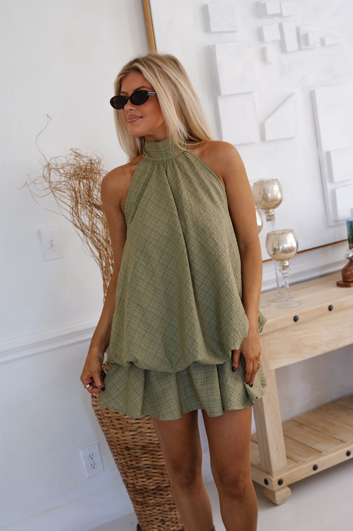 Plaid Halter Bubble Mini Dress-Olive
