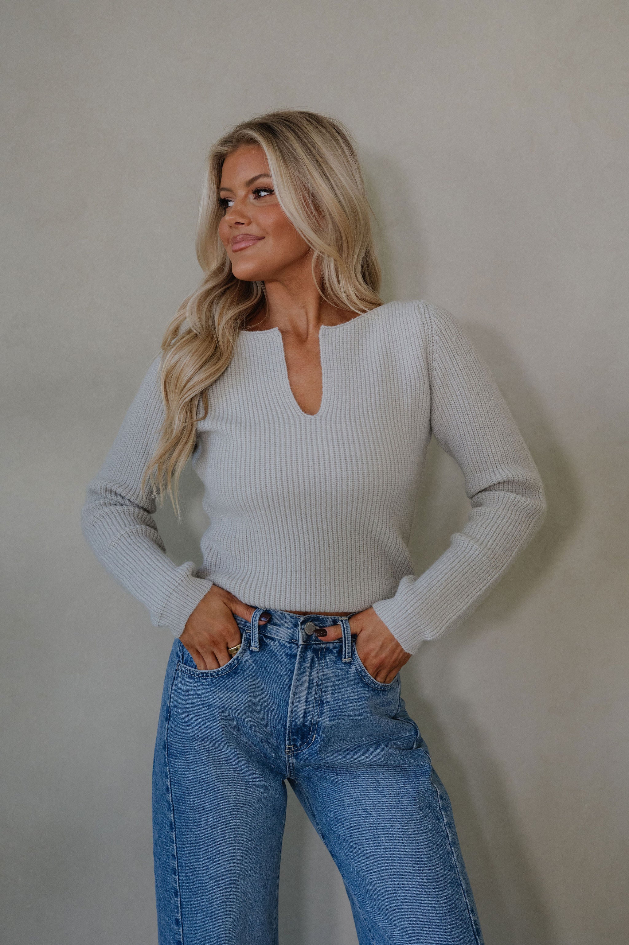 Karly Cropped Sweater-Light Grey