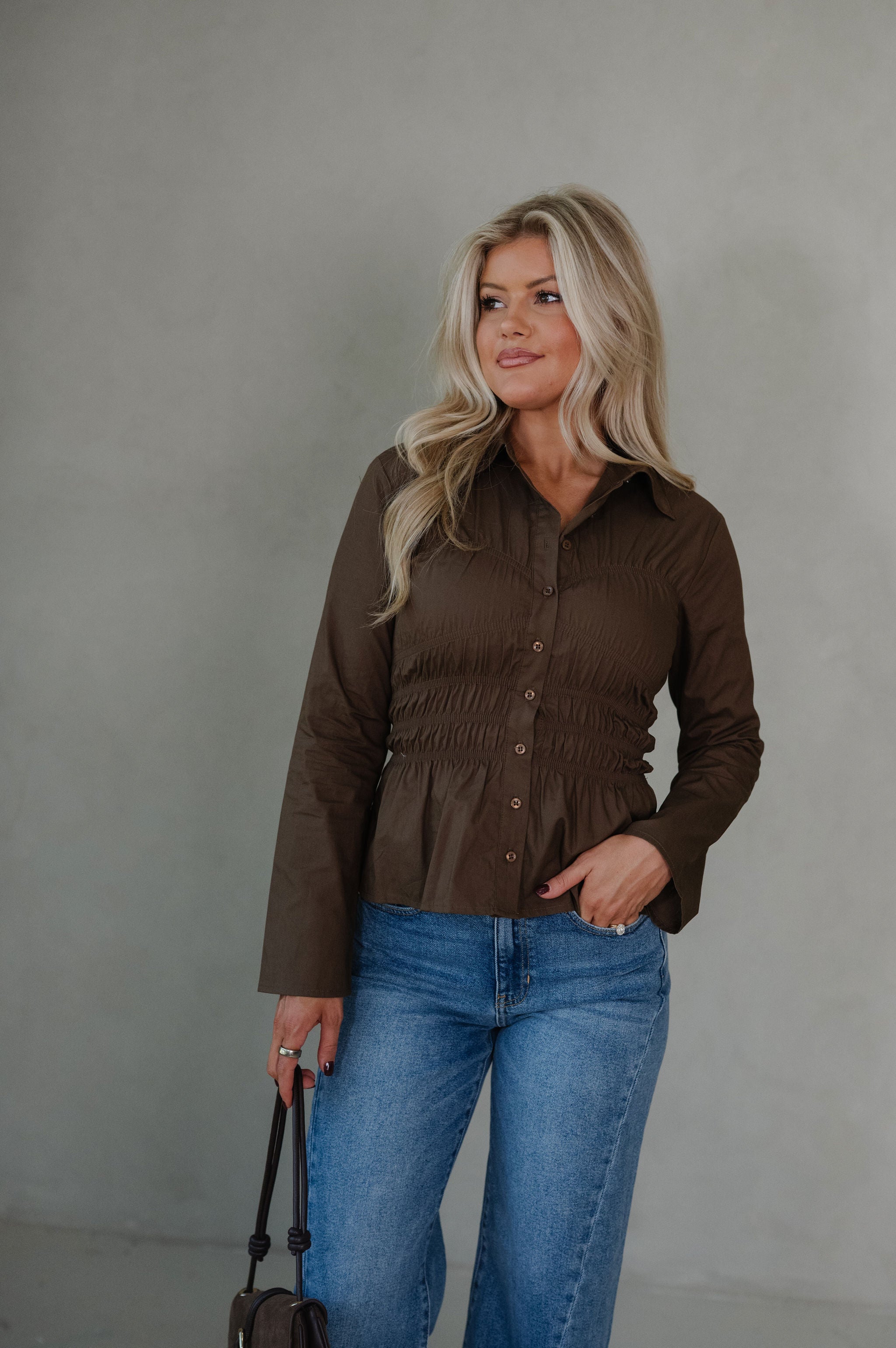 Marley Collared Button Down Top-Brown