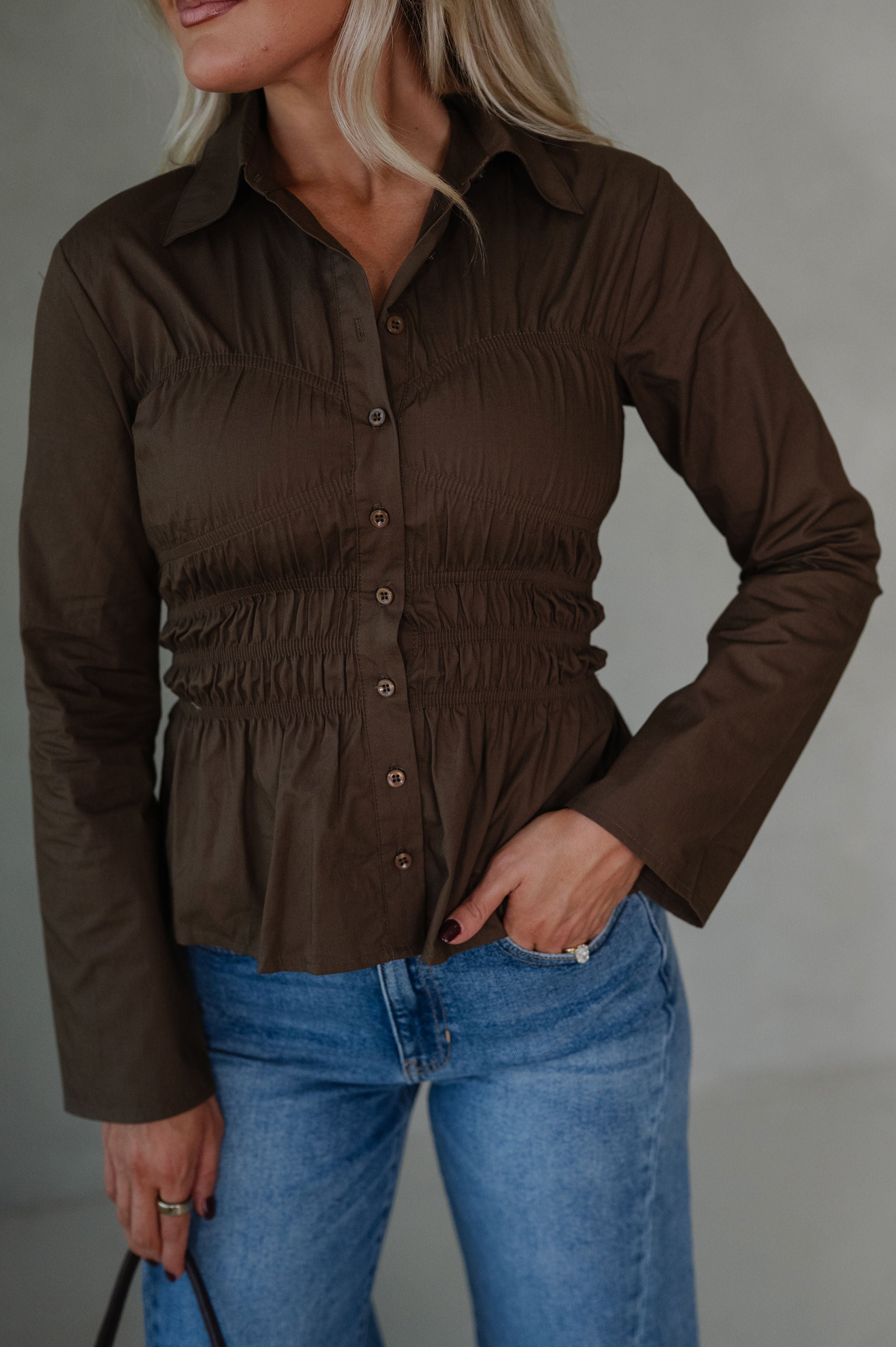 Marley Collared Button Down Top-Brown