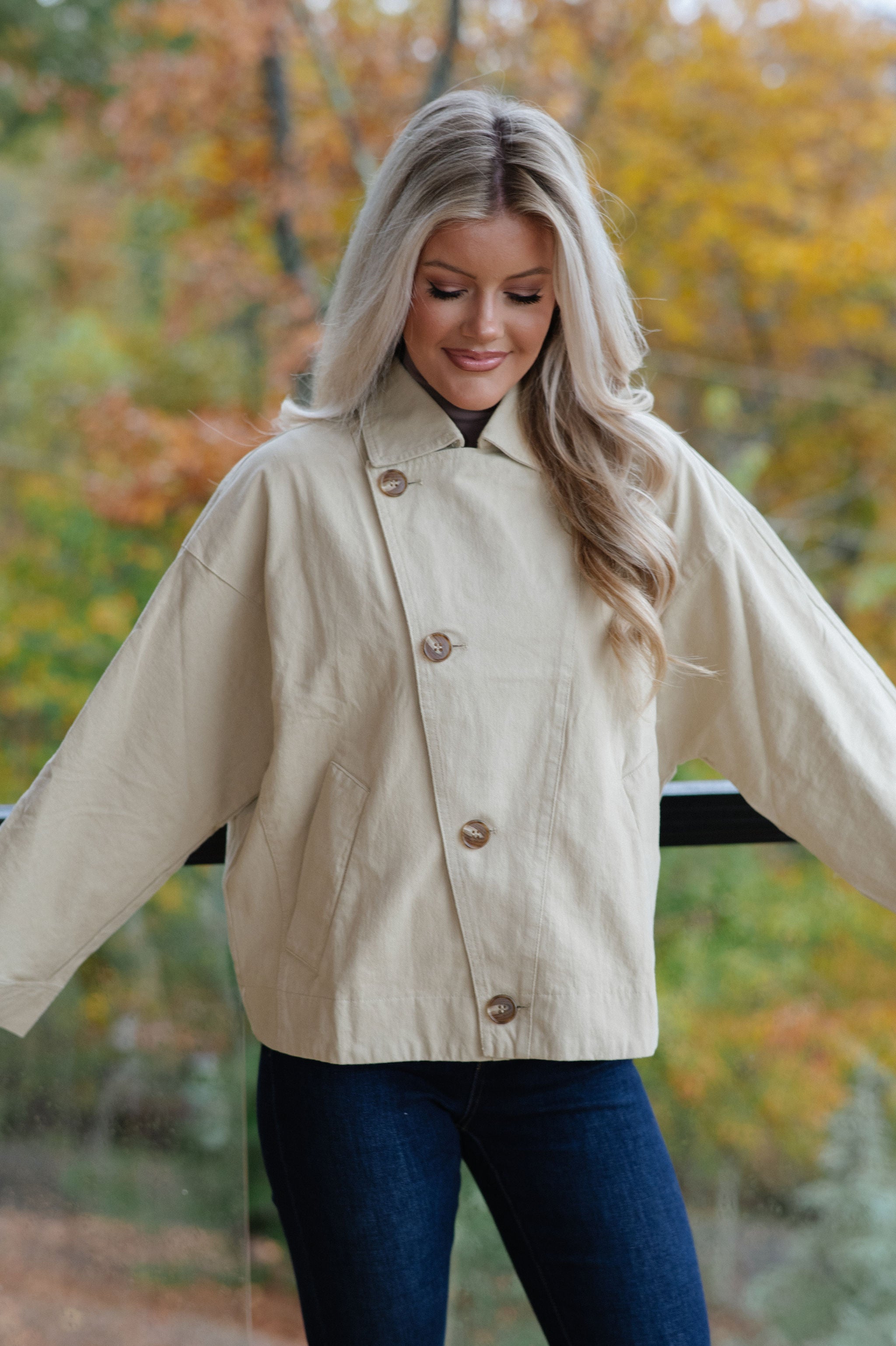 Asymmetric Button Closure Jacket-Beige