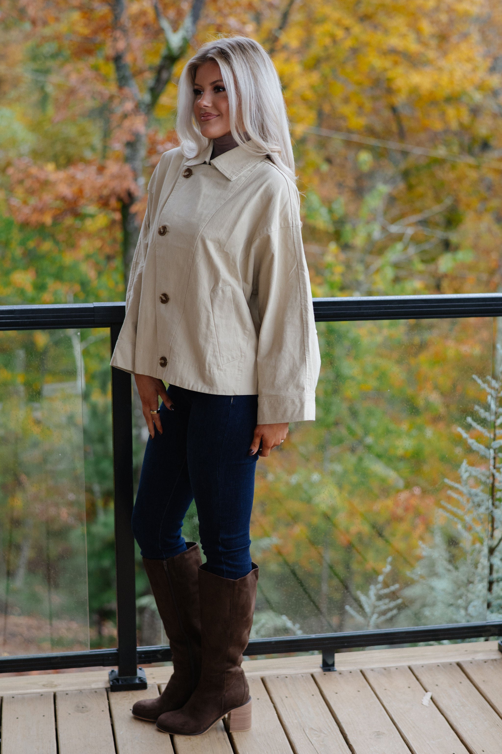 Asymmetric Button Closure Jacket-Beige