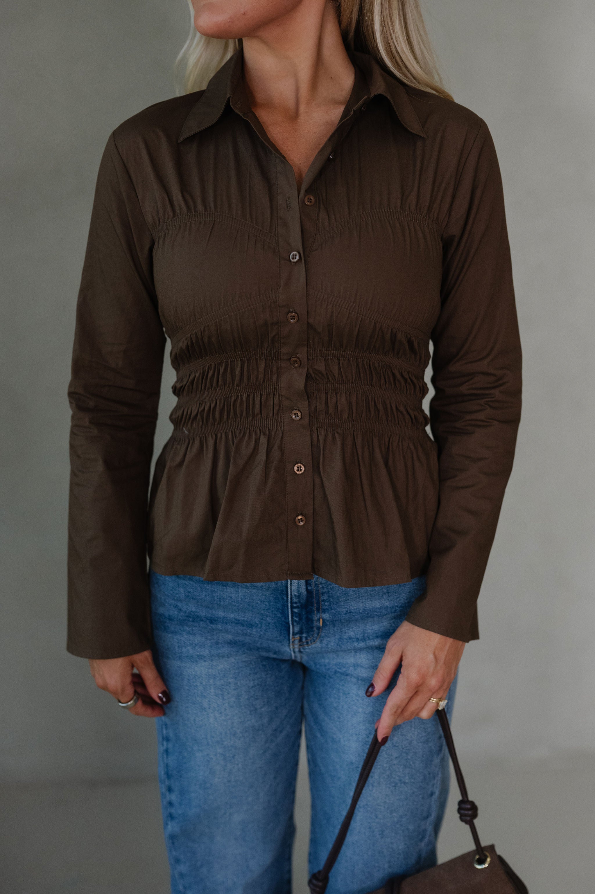 Marley Collared Button Down Top-Brown