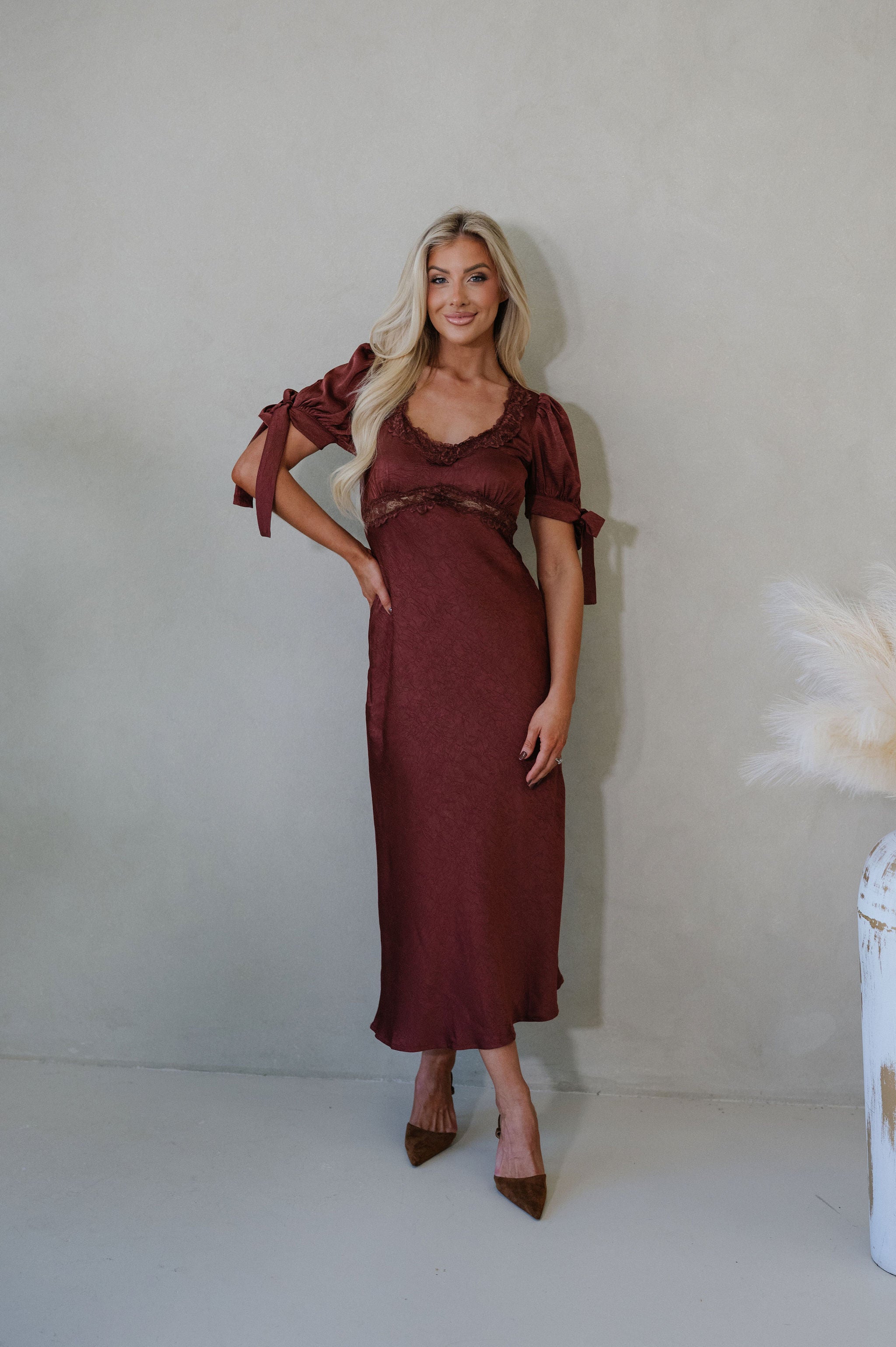 Claire Lace Trim Midi Dress-Burnt Brown