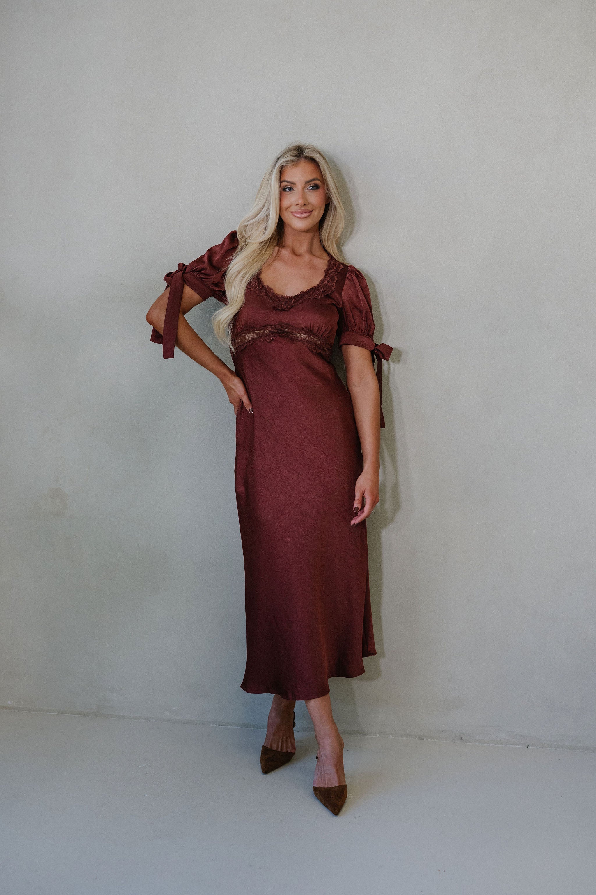 Claire Lace Trim Midi Dress-Burnt Brown