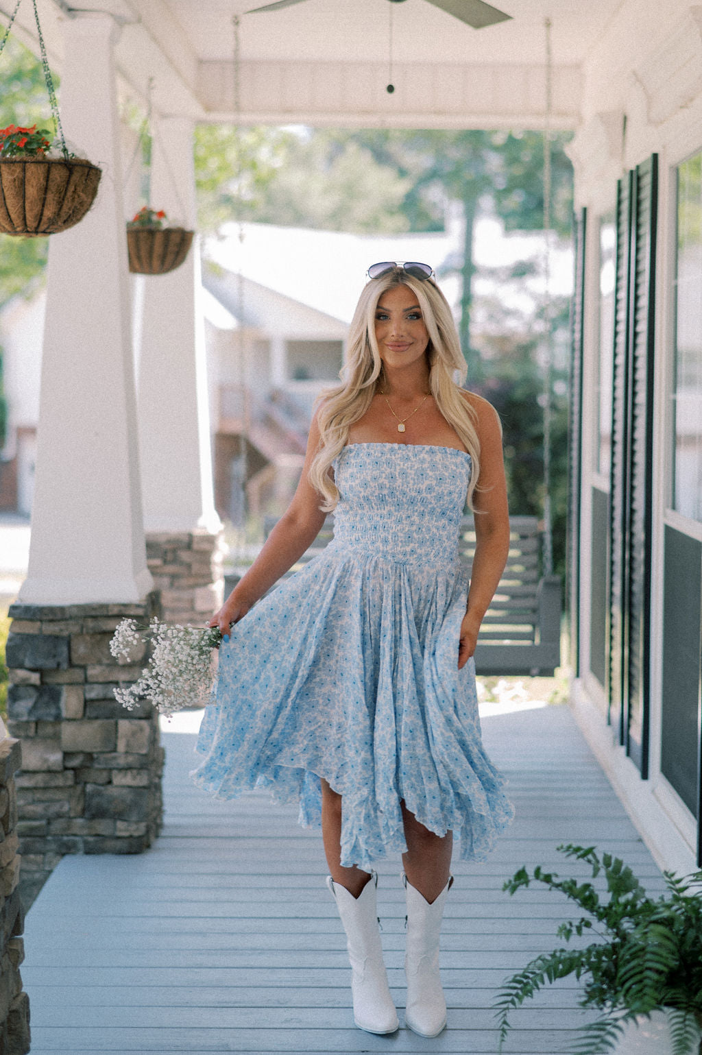 Strapless Smocked Midi Dress- Blue