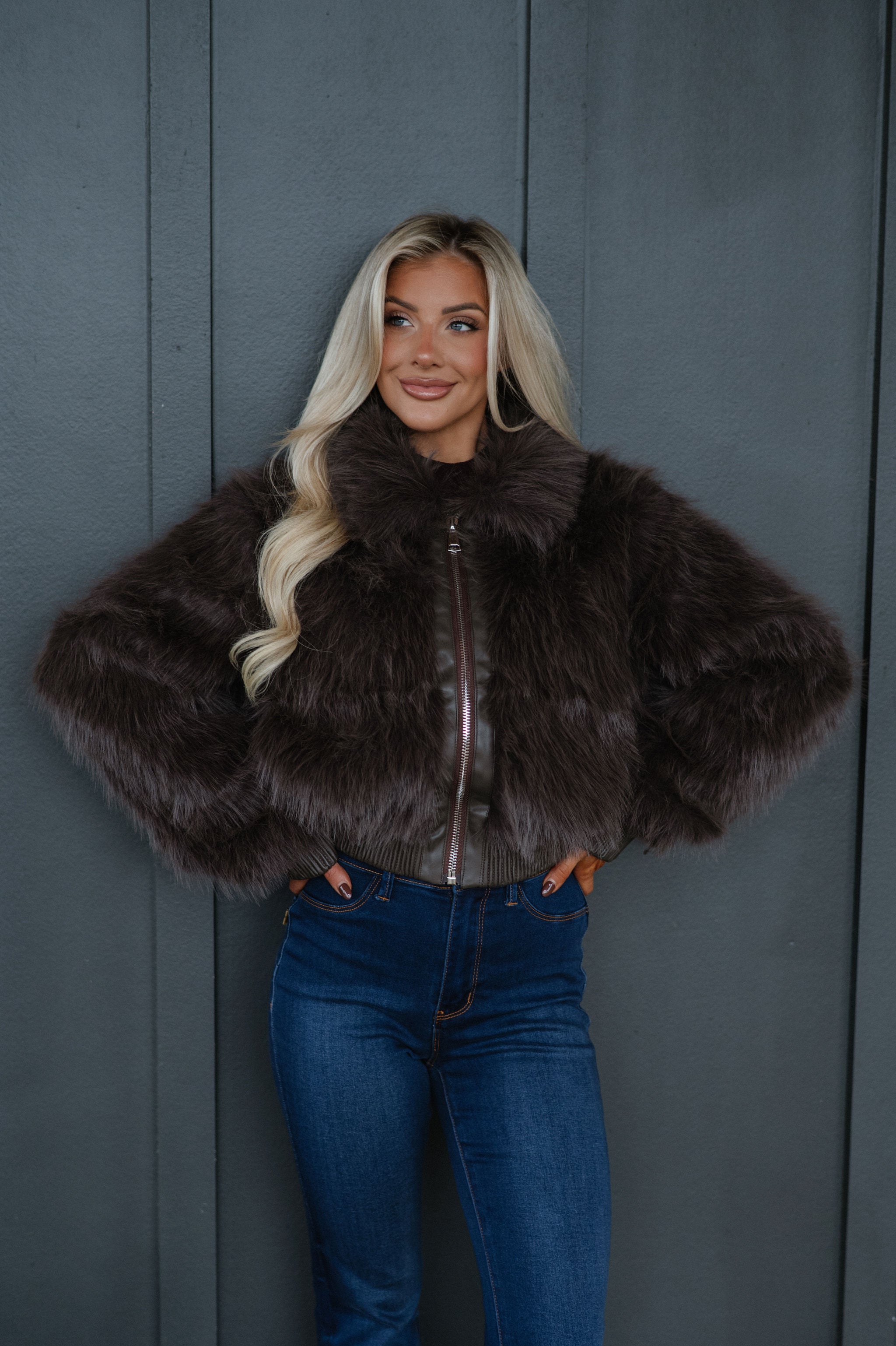Faux Fur Plush Zippered Jacket-Brown