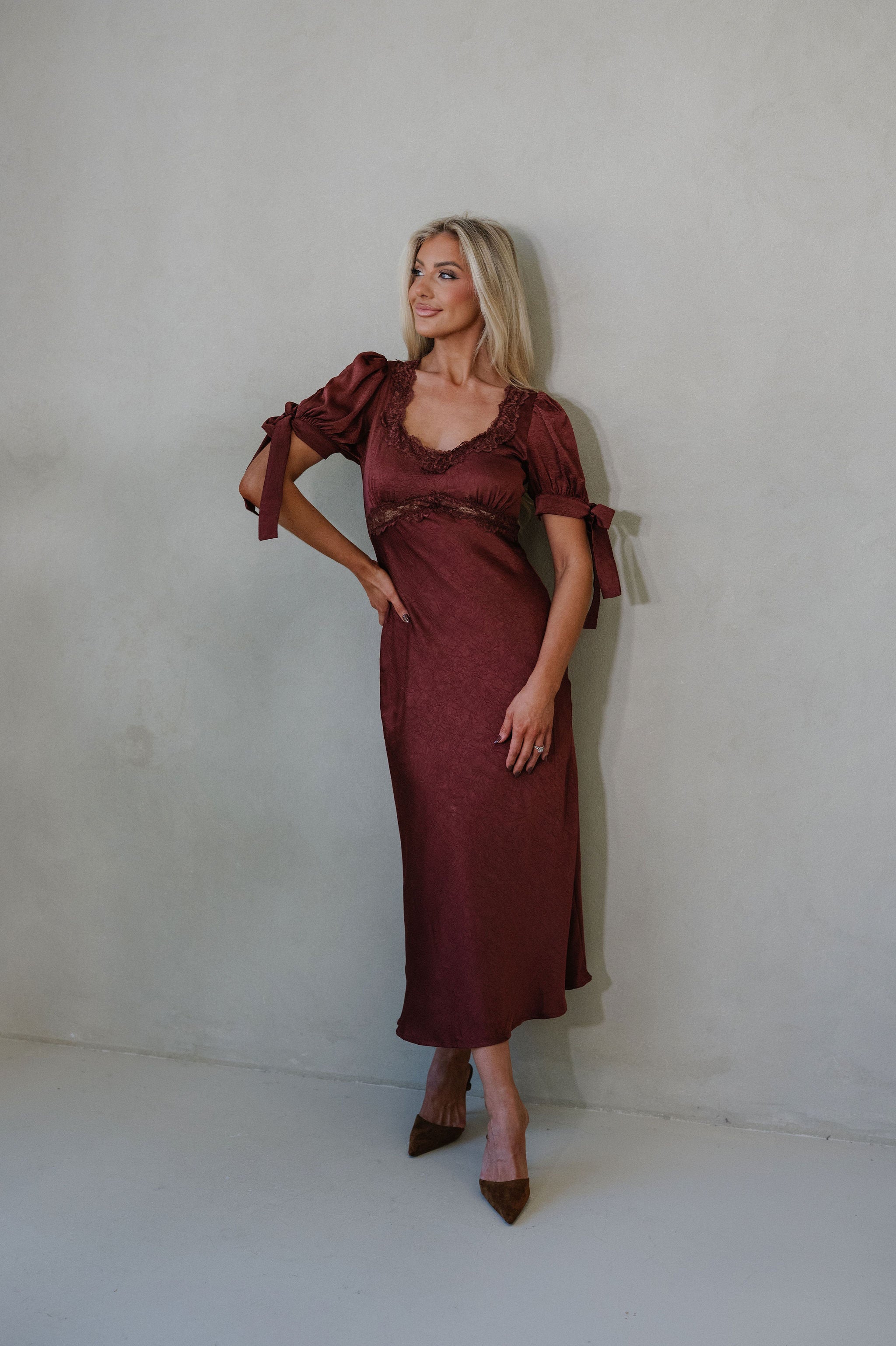 Claire Lace Trim Midi Dress-Burnt Brown