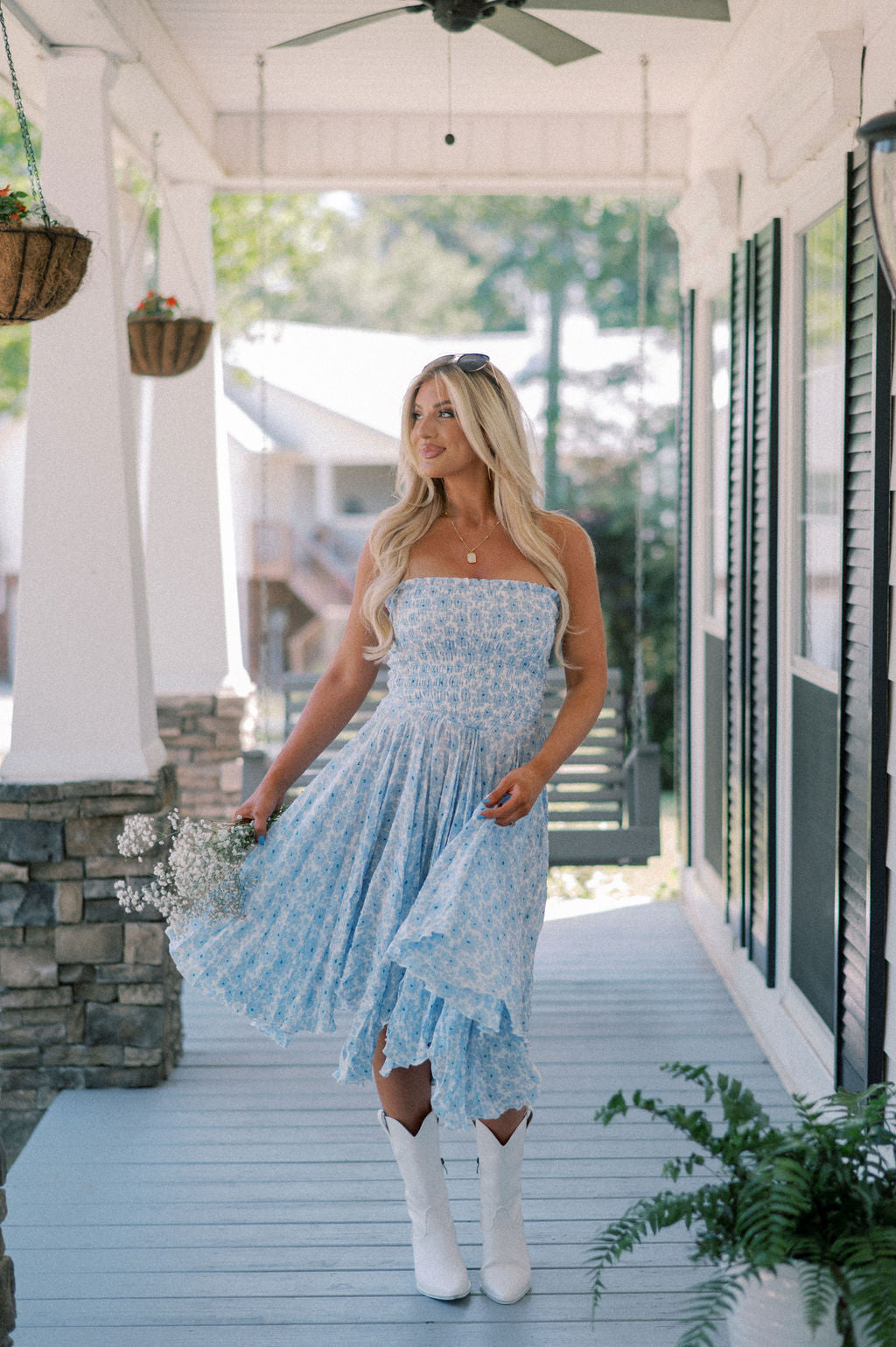 Strapless Smocked Midi Dress- Blue