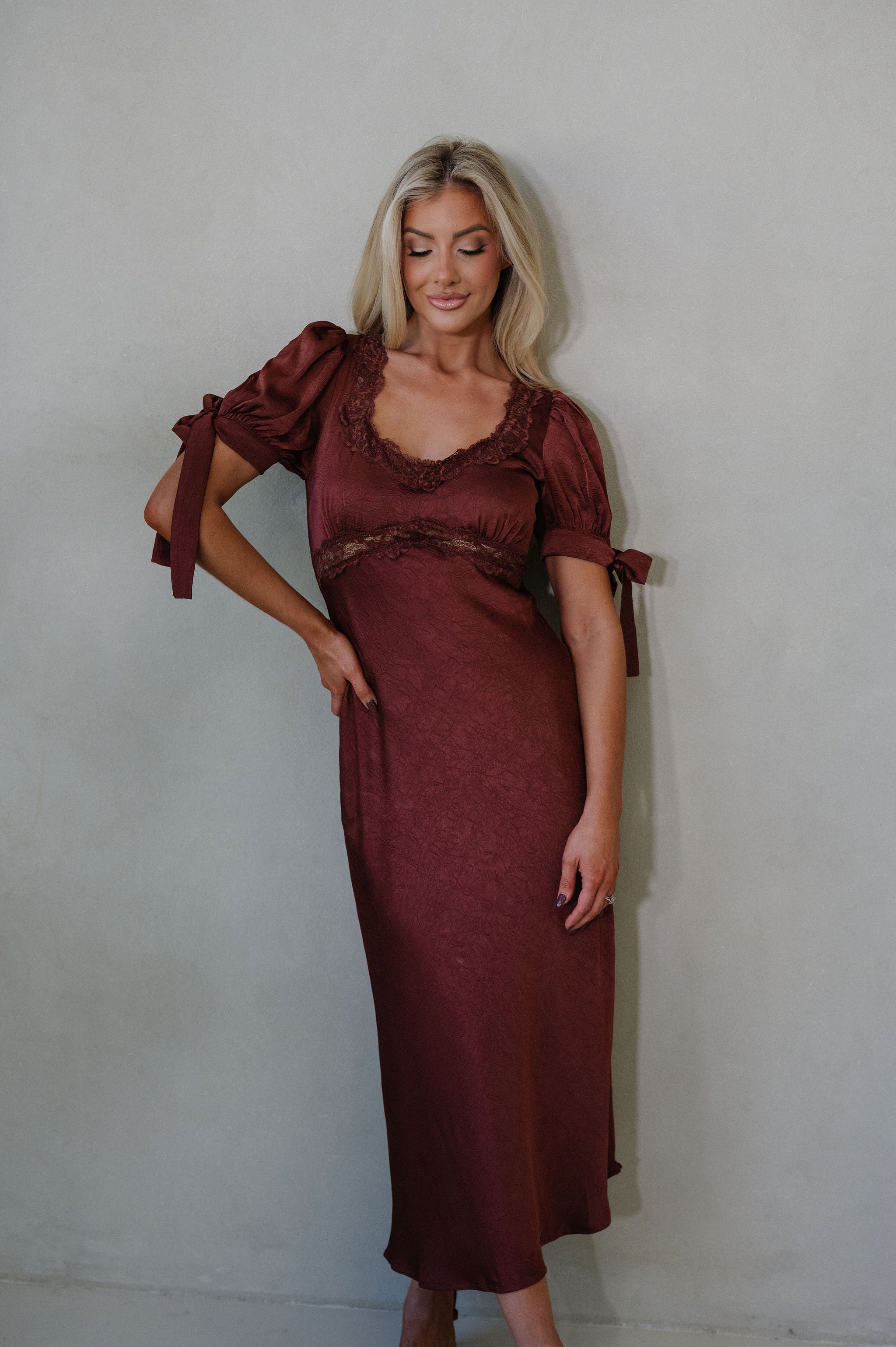 Claire Lace Trim Midi Dress-Burnt Brown