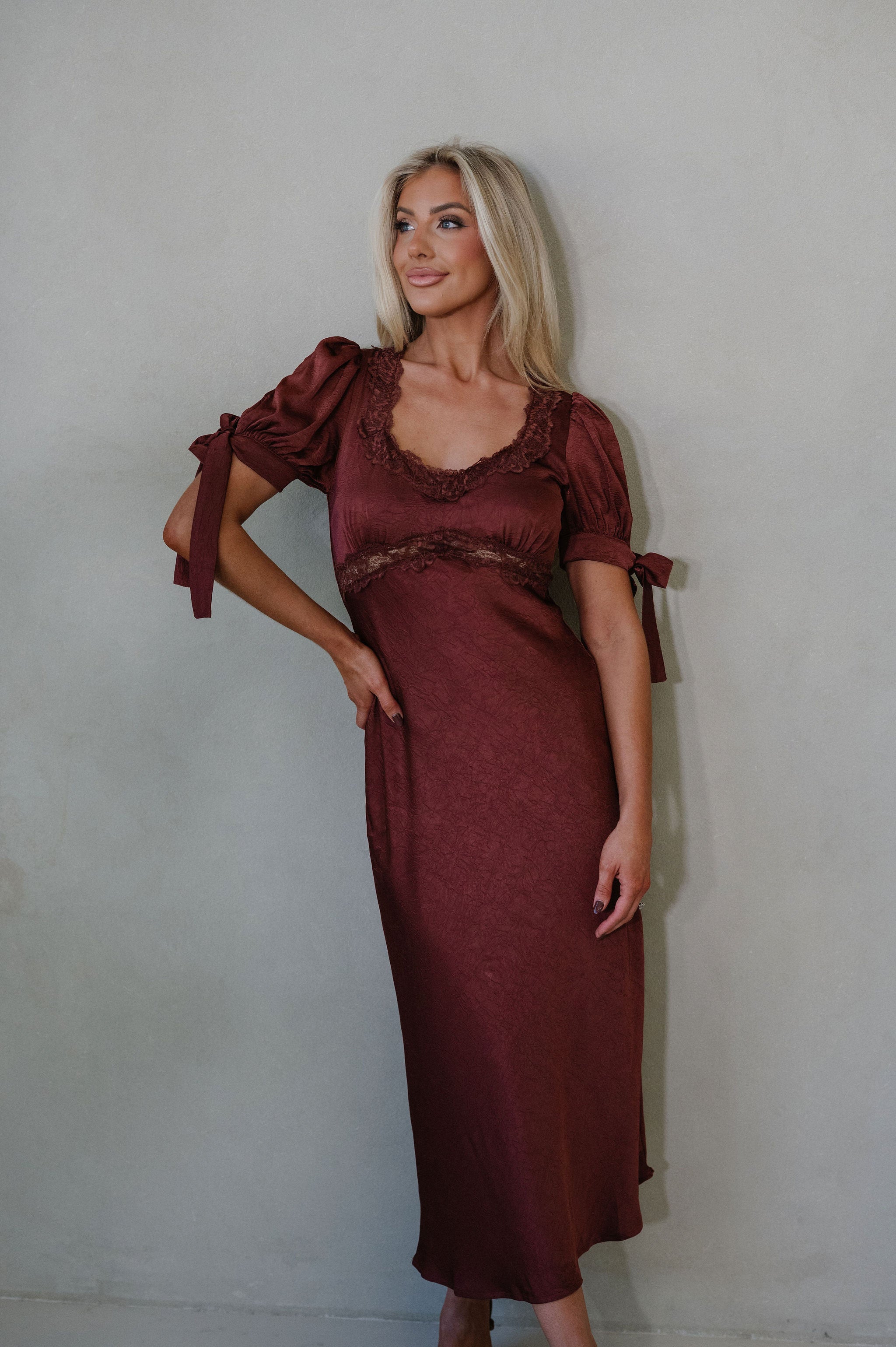 Claire Lace Trim Midi Dress-Burnt Brown