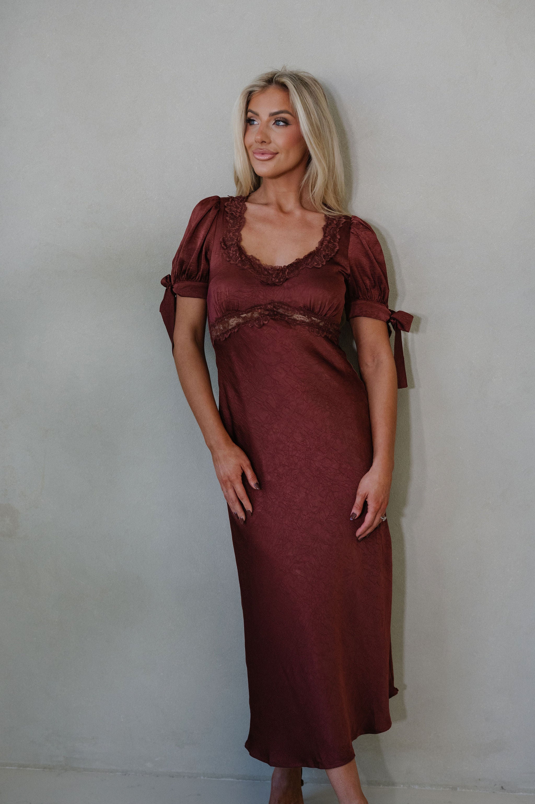 Claire Lace Trim Midi Dress-Burnt Brown