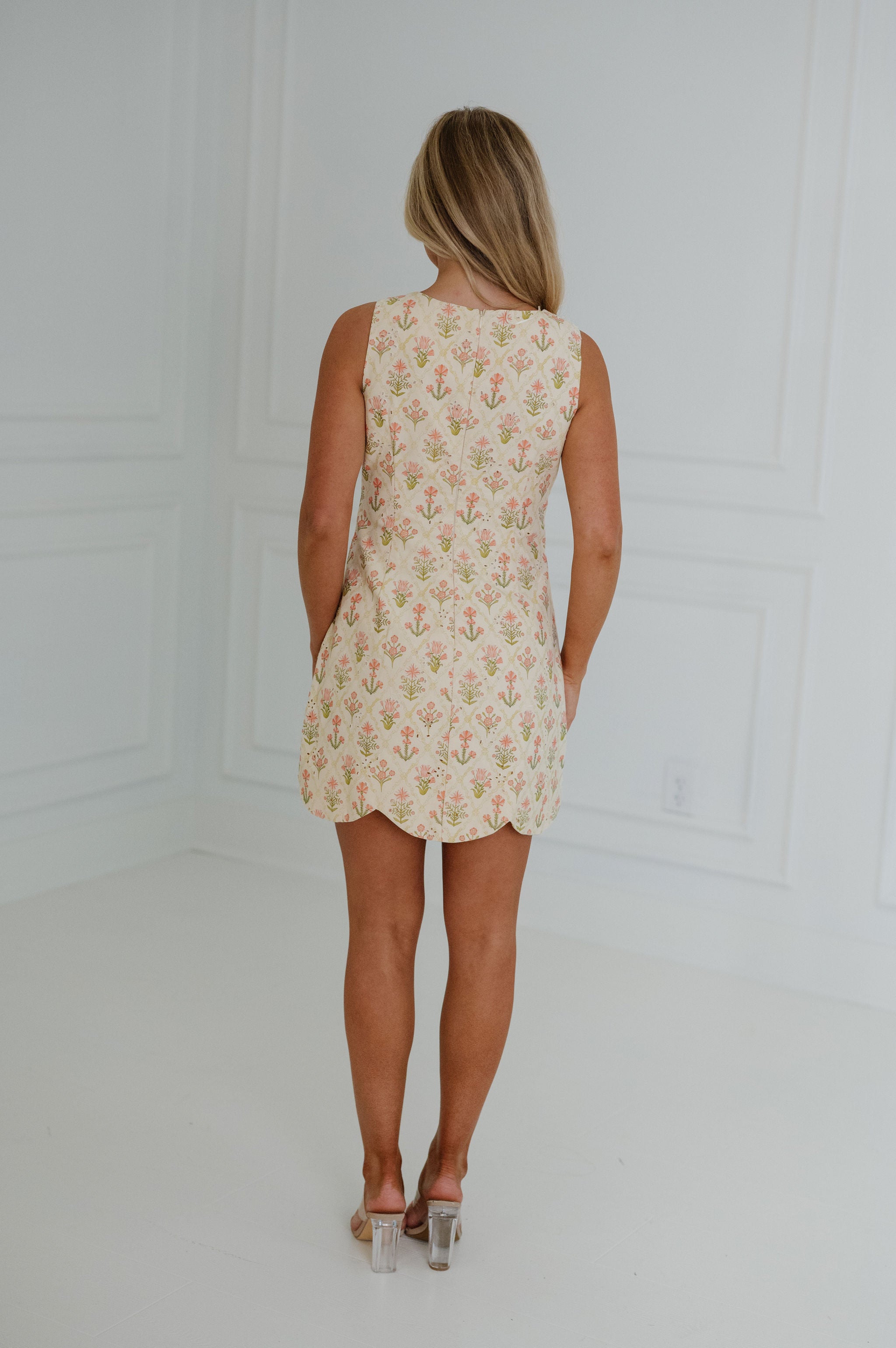 Eyelet Floral Mini Dress-Coral/Butter