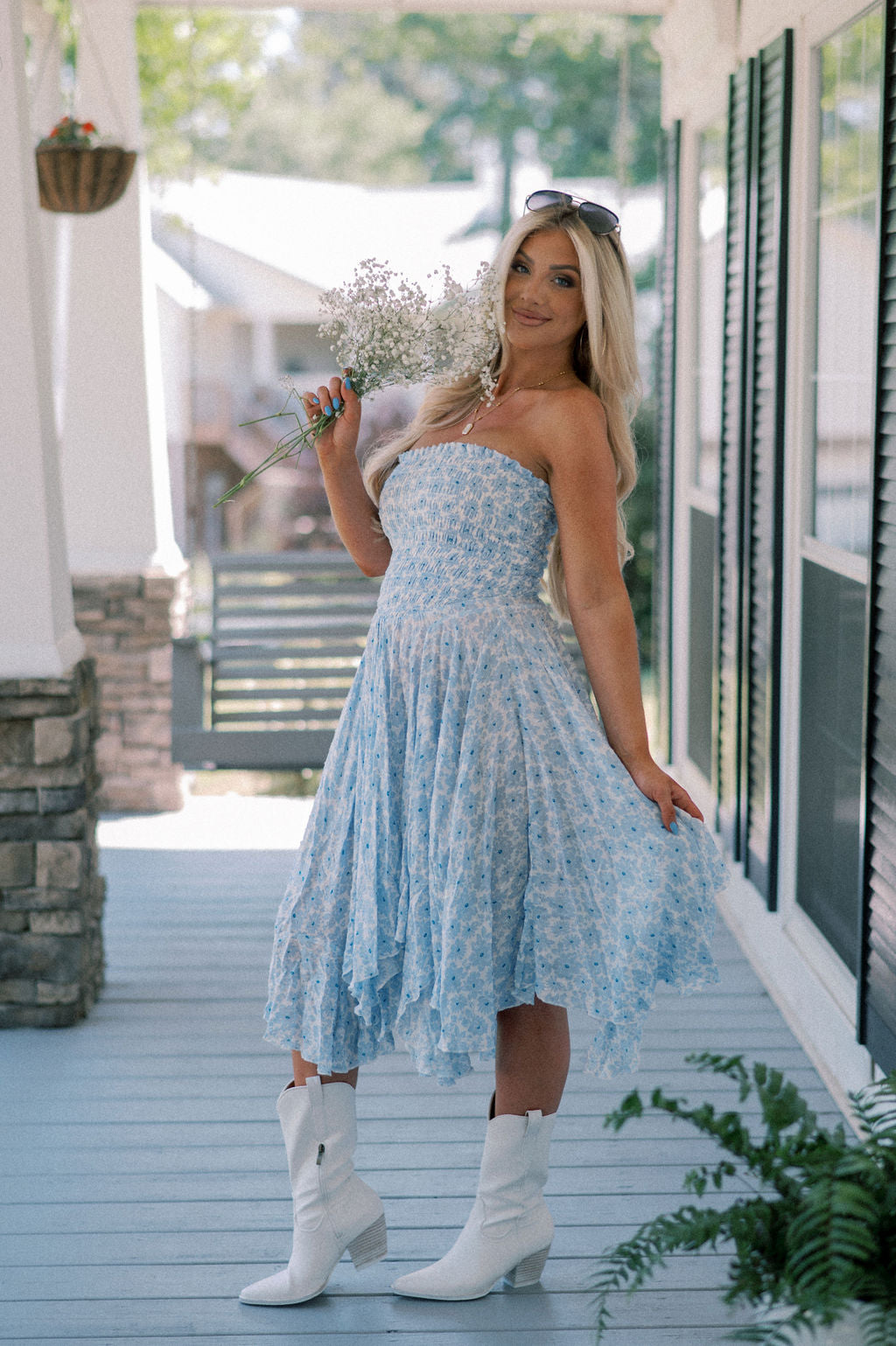 Strapless Smocked Midi Dress- Blue