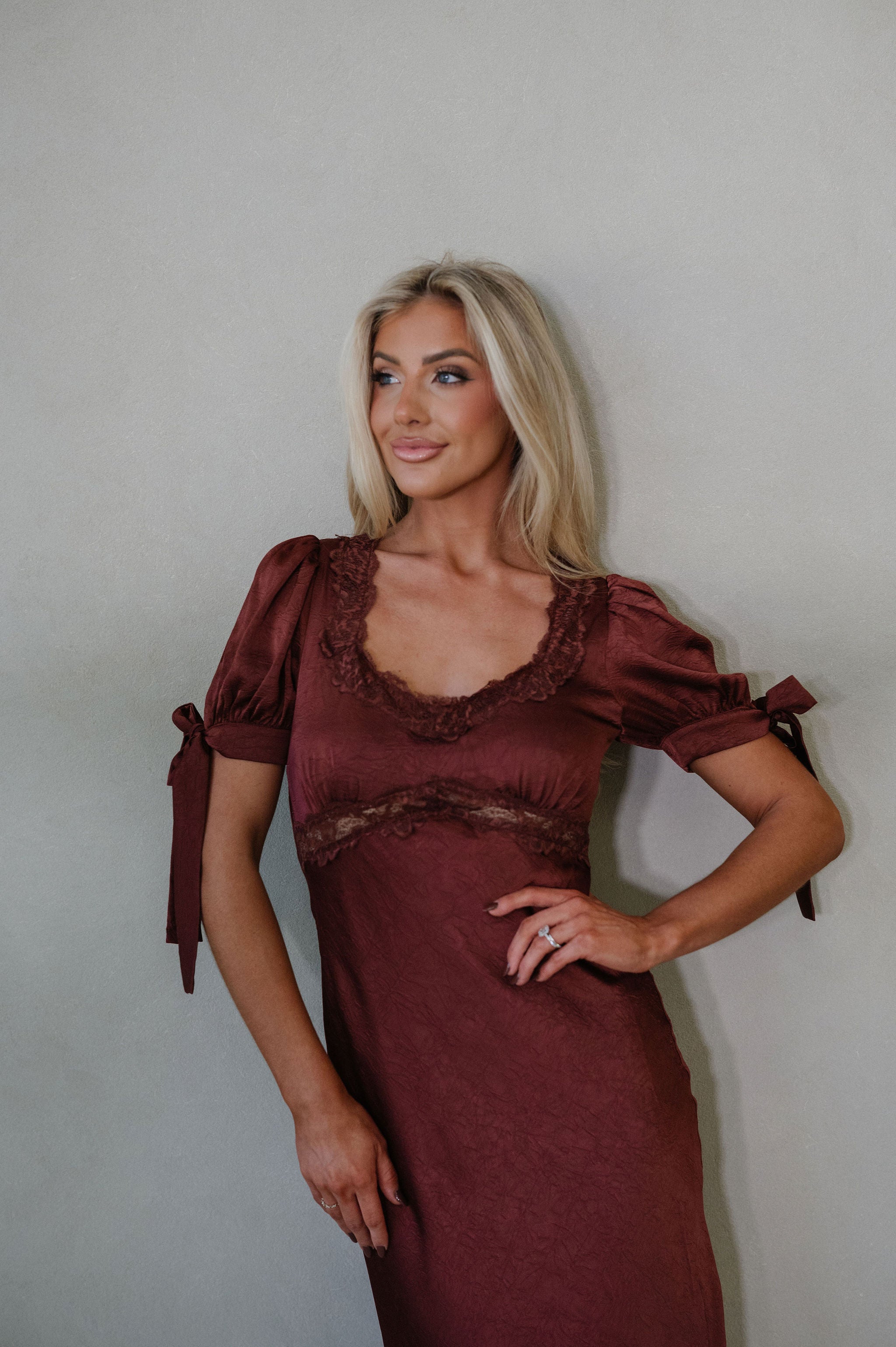 Claire Lace Trim Midi Dress-Burnt Brown