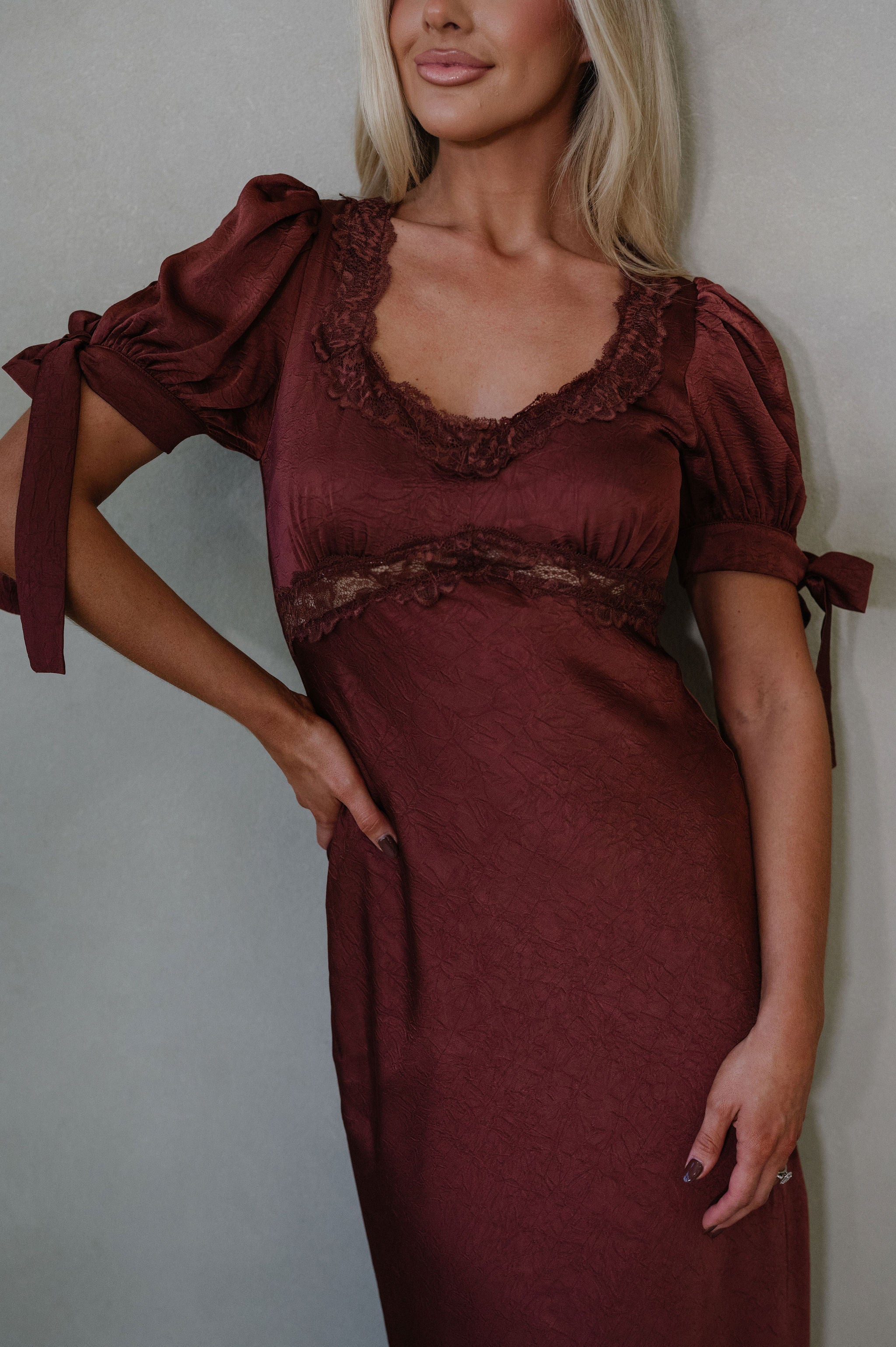 Claire Lace Trim Midi Dress-Burnt Brown