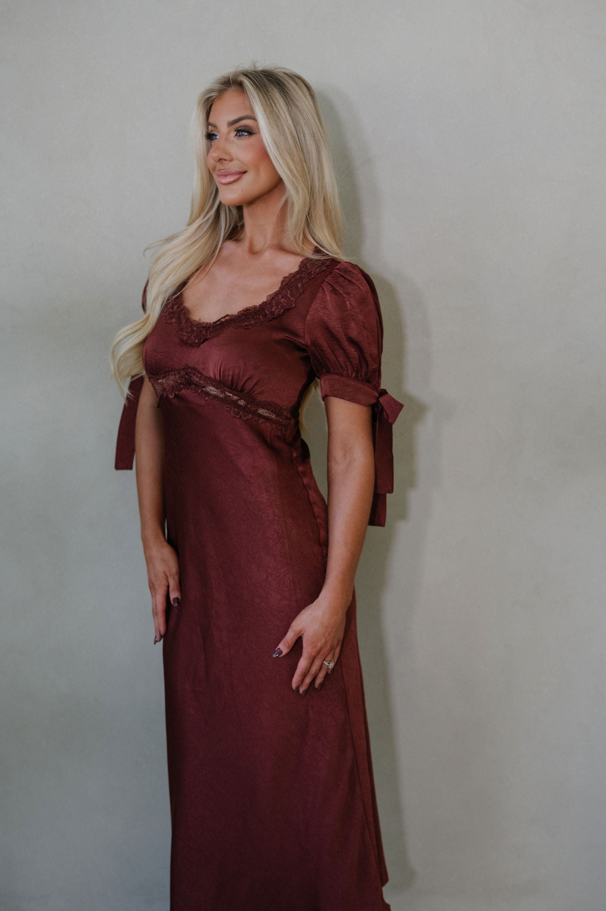 Claire Lace Trim Midi Dress-Burnt Brown