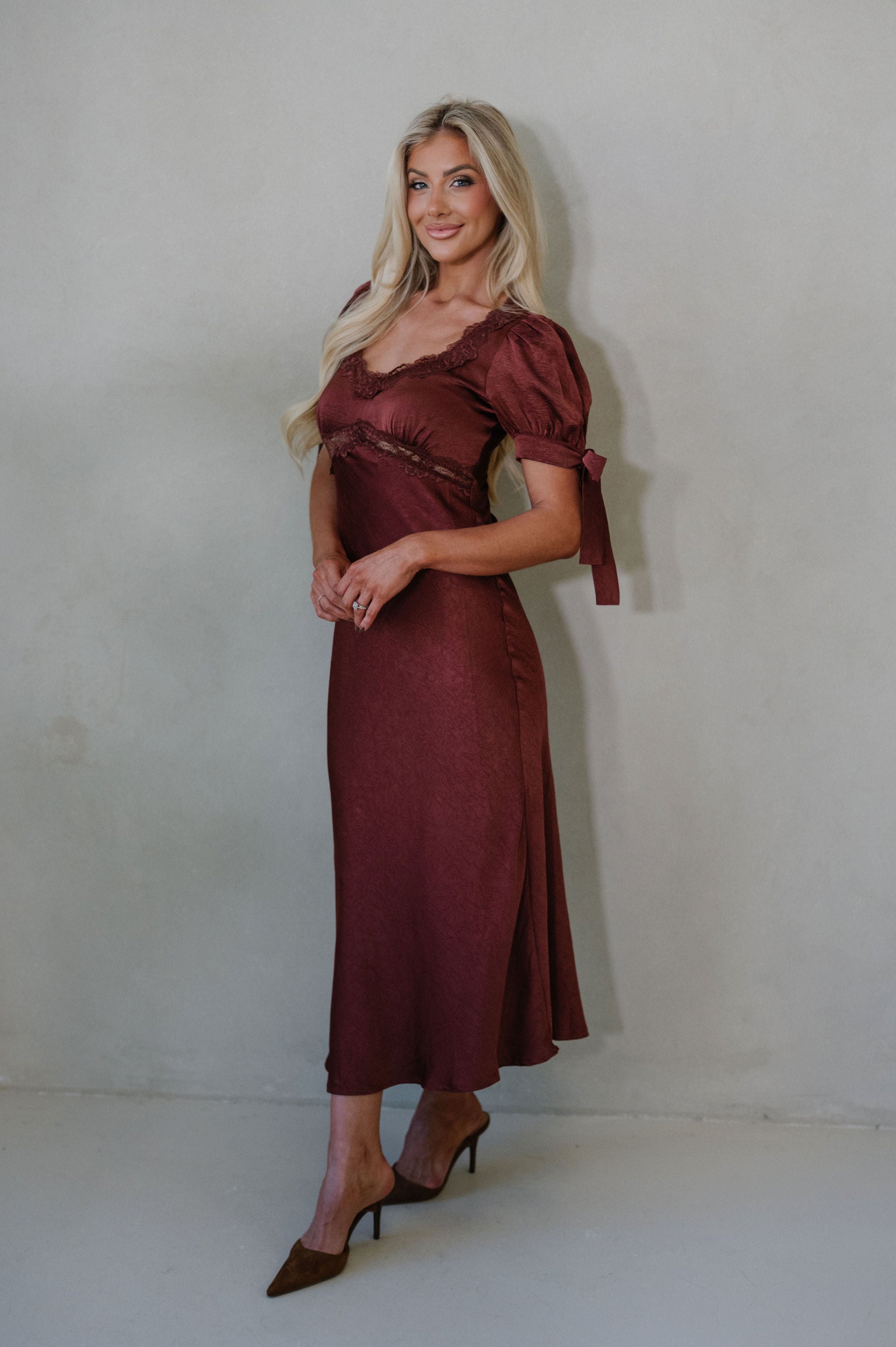 Claire Lace Trim Midi Dress-Burnt Brown