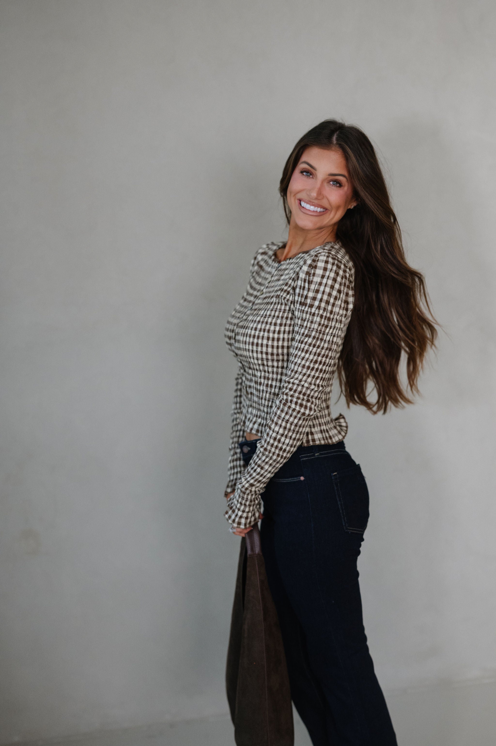 Ashton Gingham Top-Brown