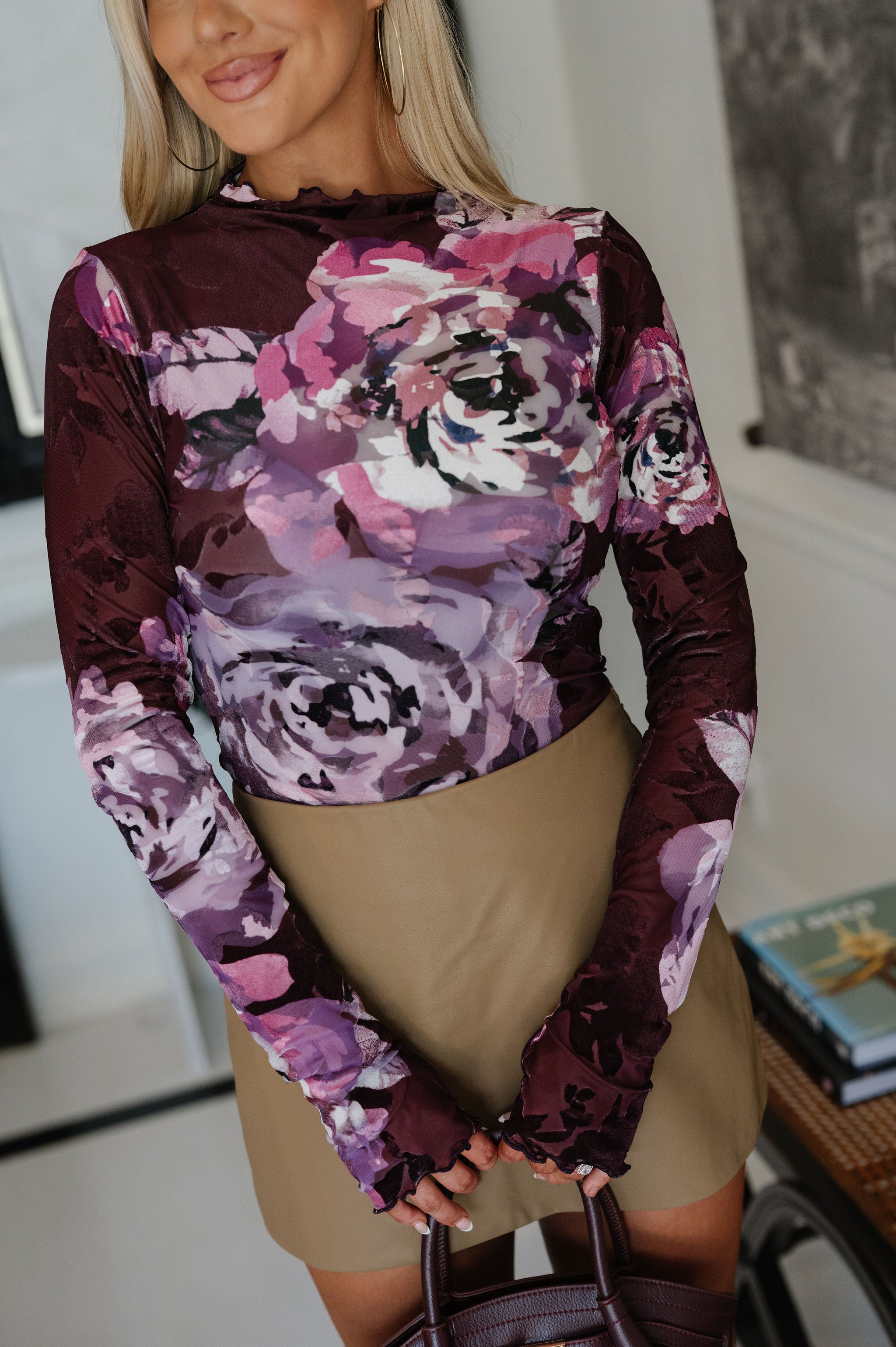 Avery Mesh Mock Neck Top-Burgundy/Purple