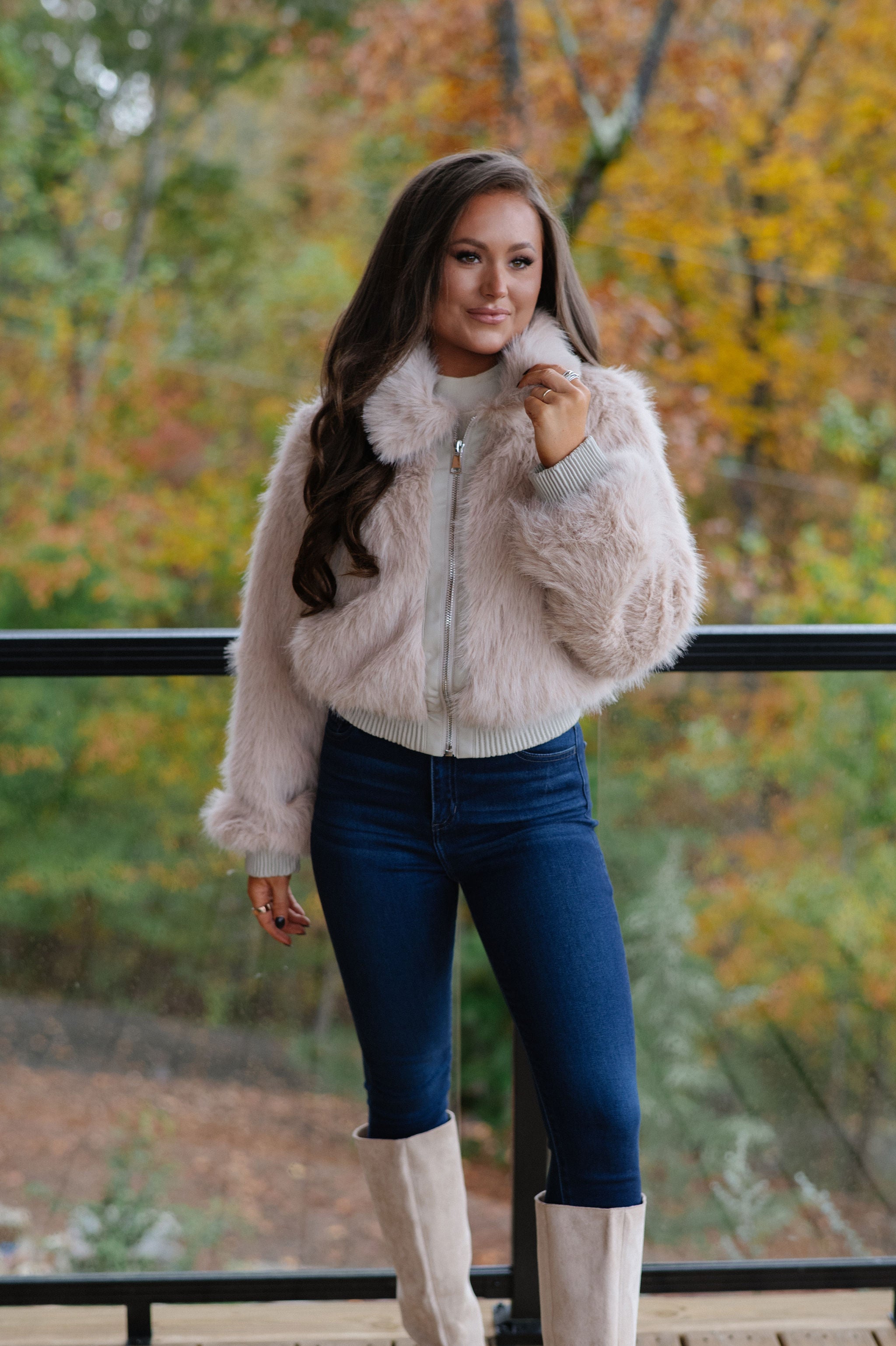 Faux Fur Plush Zippered Jacket-Taupe