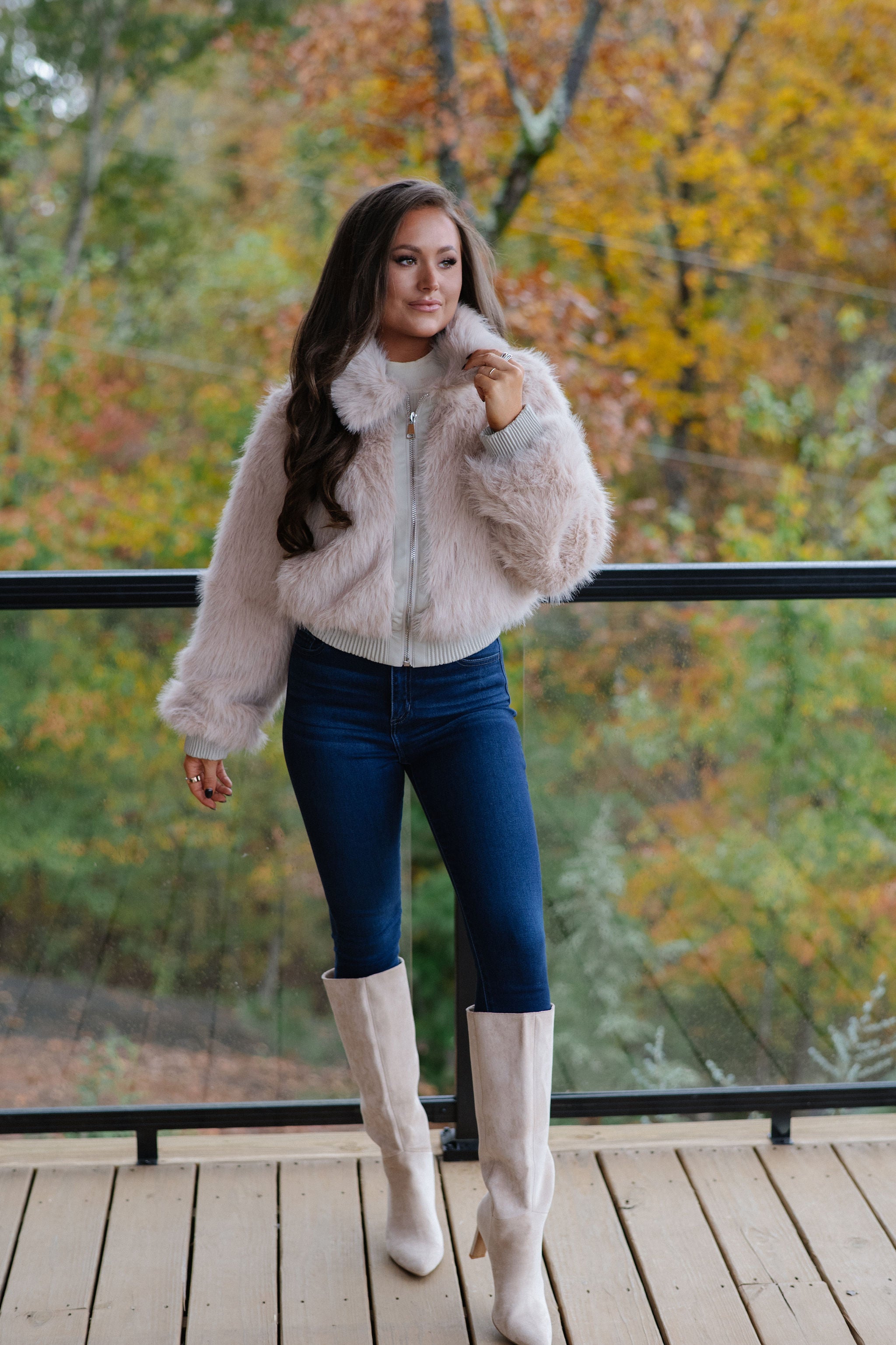 Faux Fur Plush Zippered Jacket-Taupe