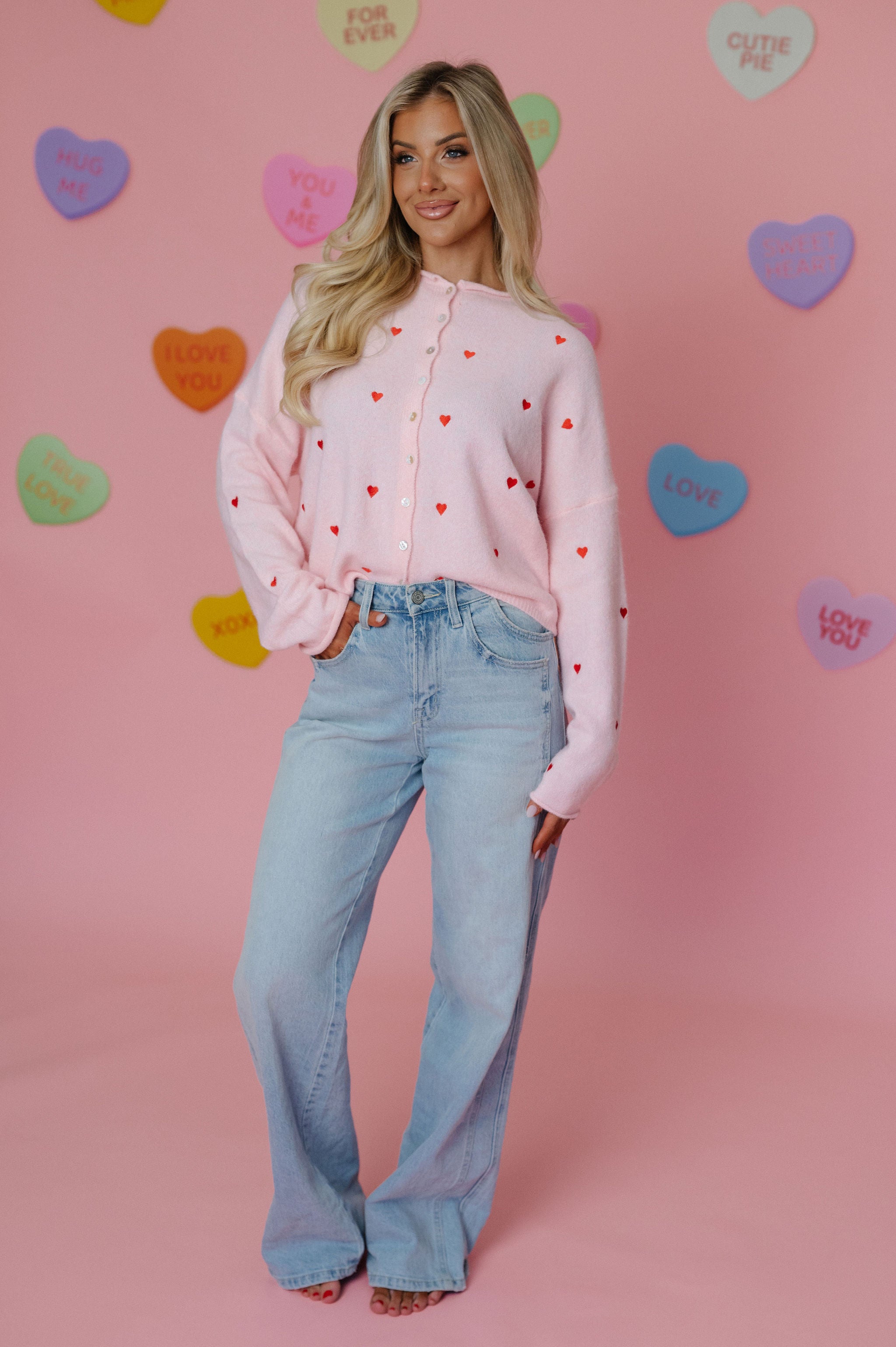 Heart Embroidered Cardigan-Pink/Red