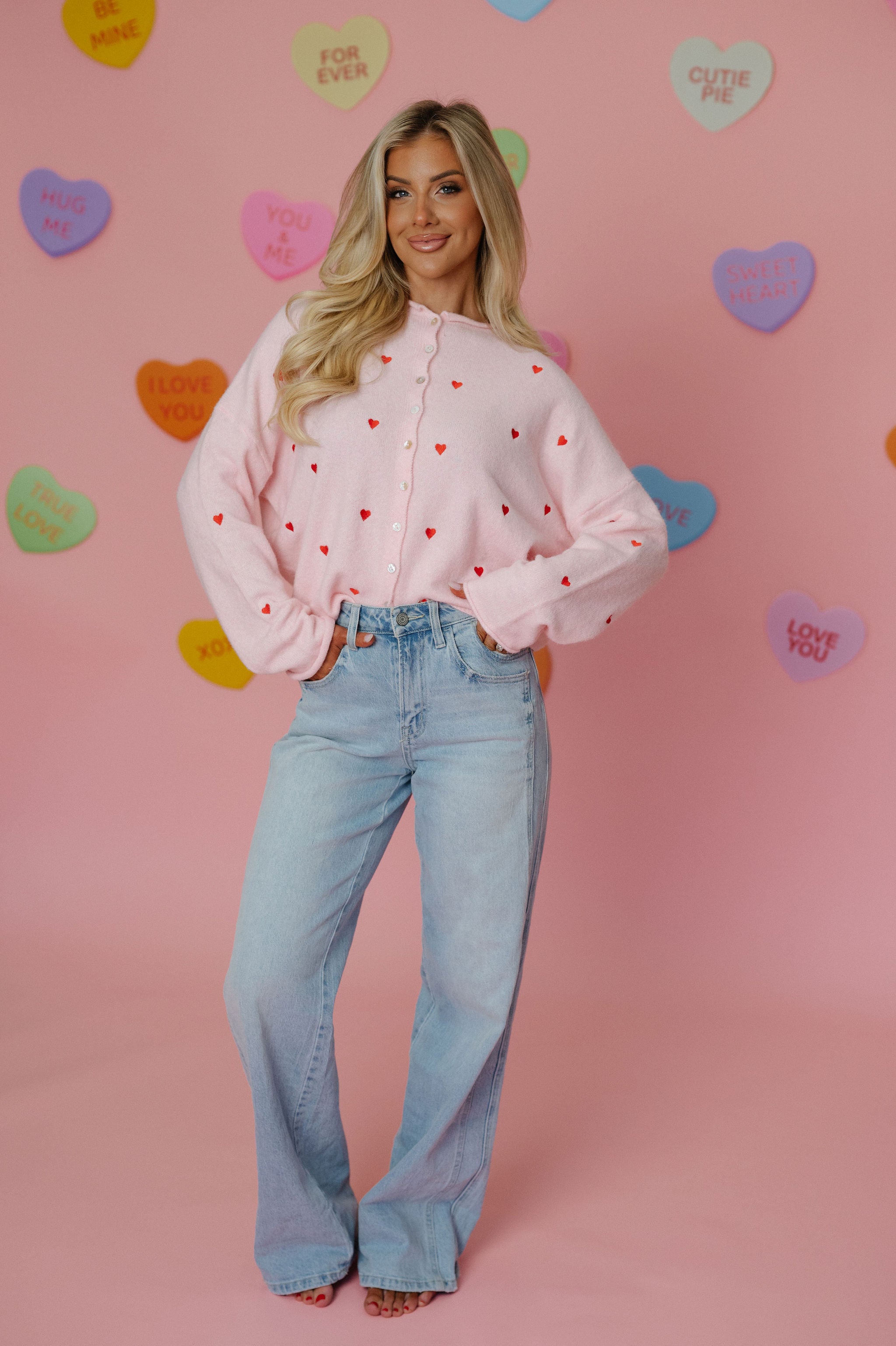 Heart Embroidered Cardigan-Pink/Red