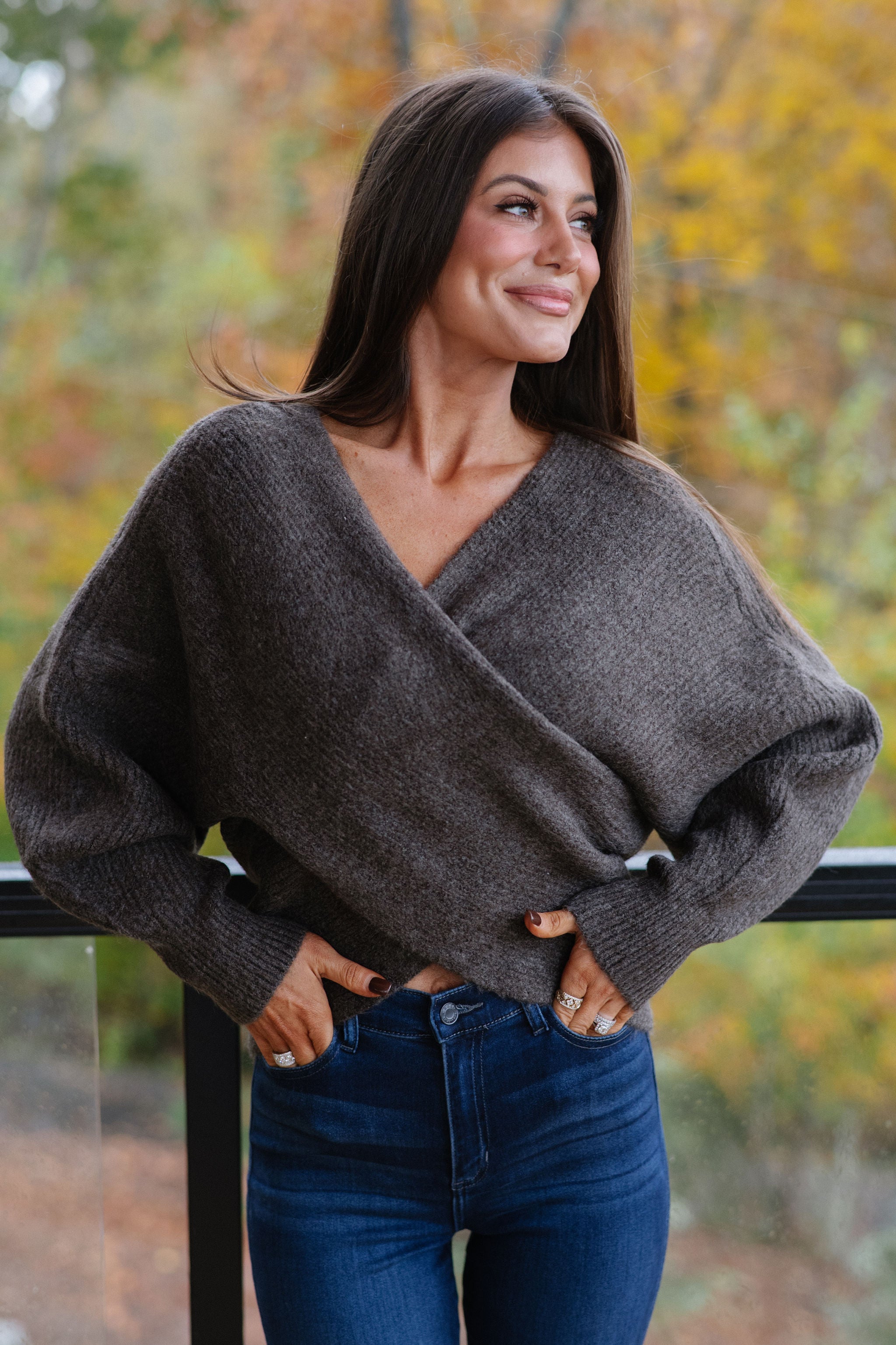 Crossover Ribbed Sweater-Ash Brown