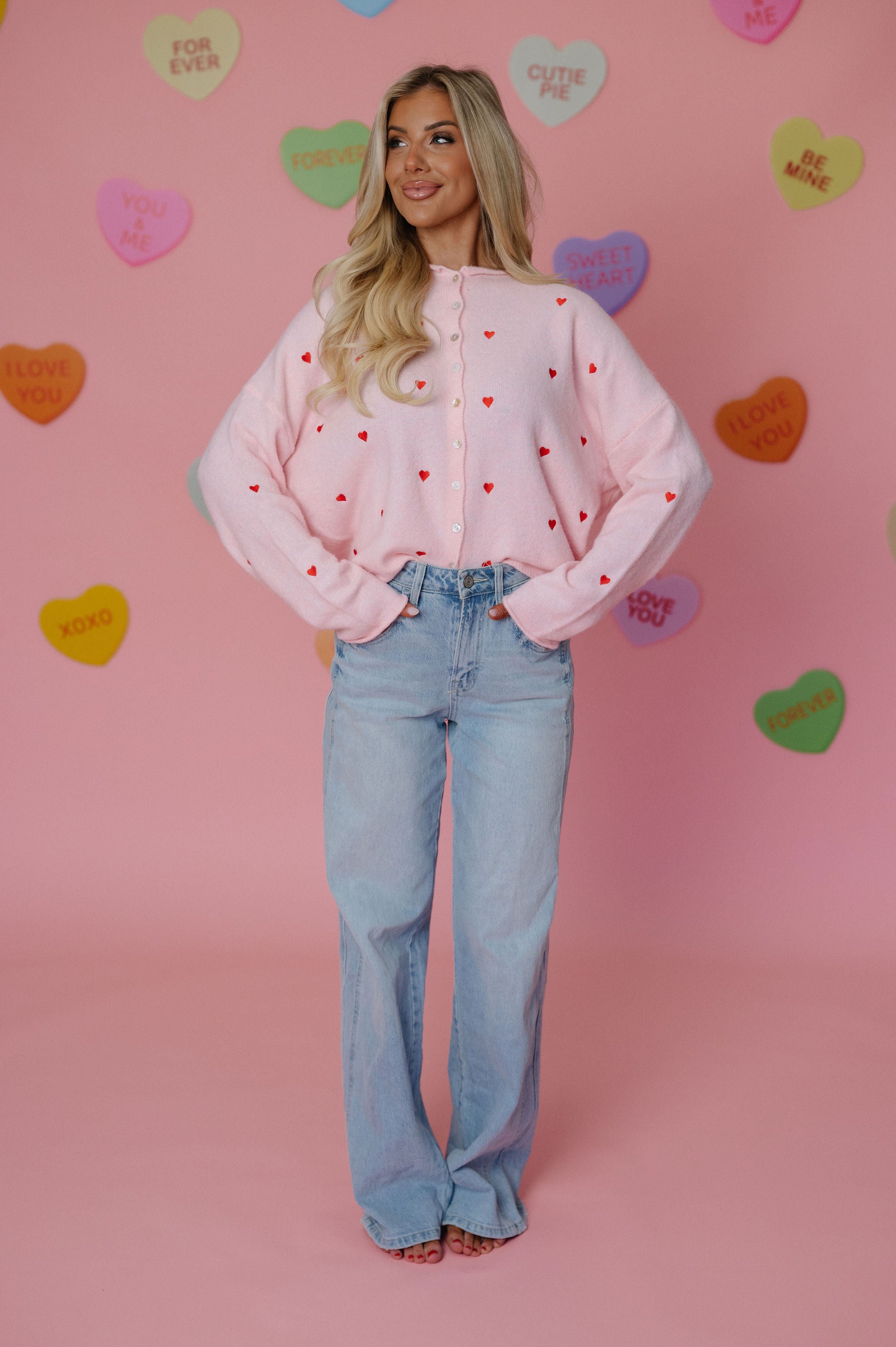 Heart Embroidered Cardigan-Pink/Red