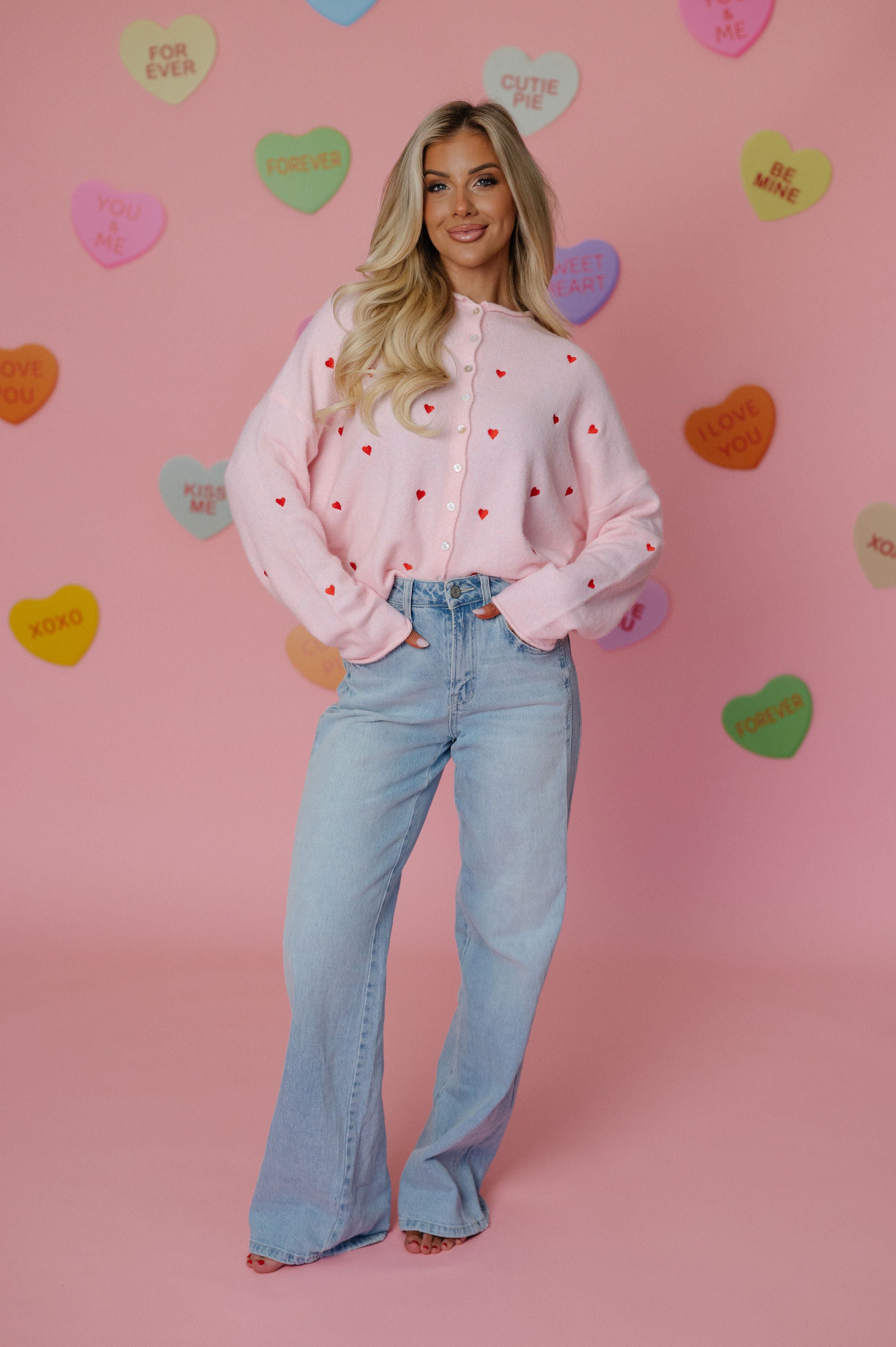 Heart Embroidered Cardigan-Pink/Red