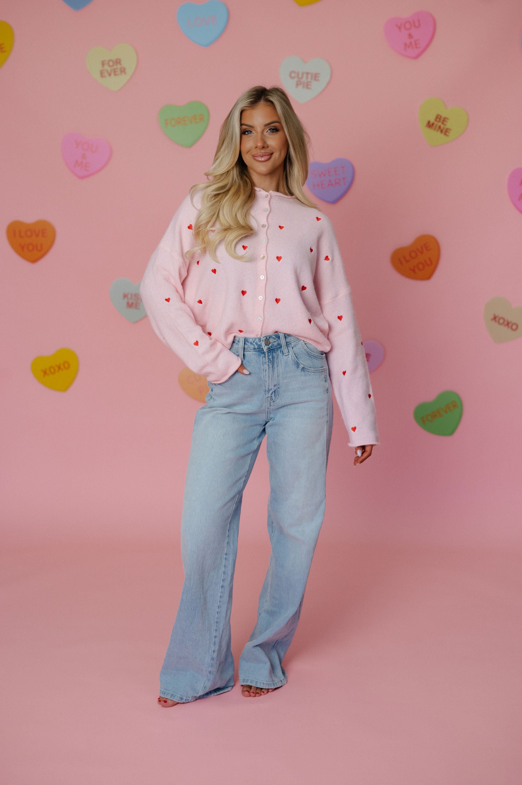 Heart Embroidered Cardigan-Pink/Red