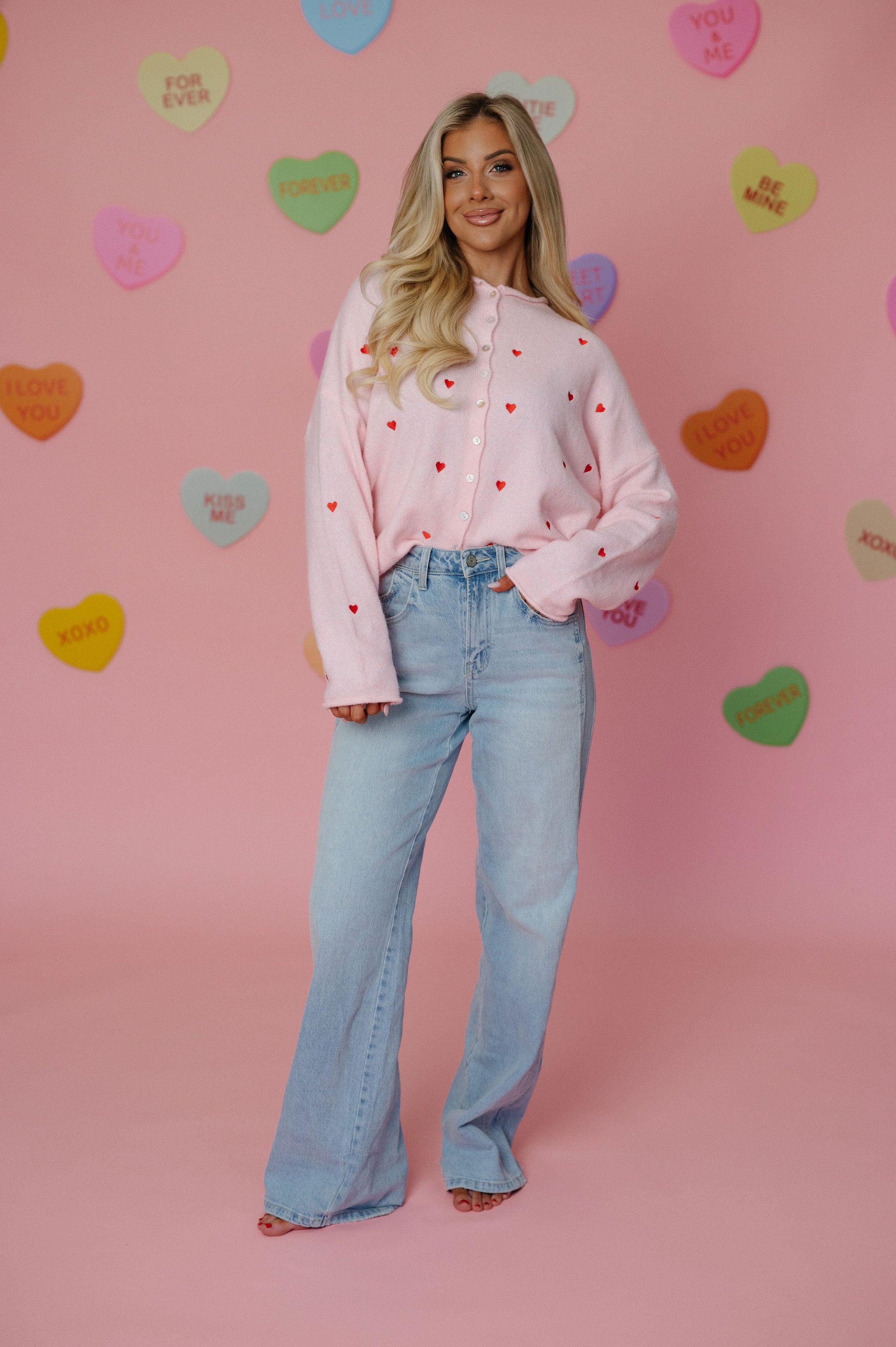 Heart Embroidered Cardigan-Pink/Red