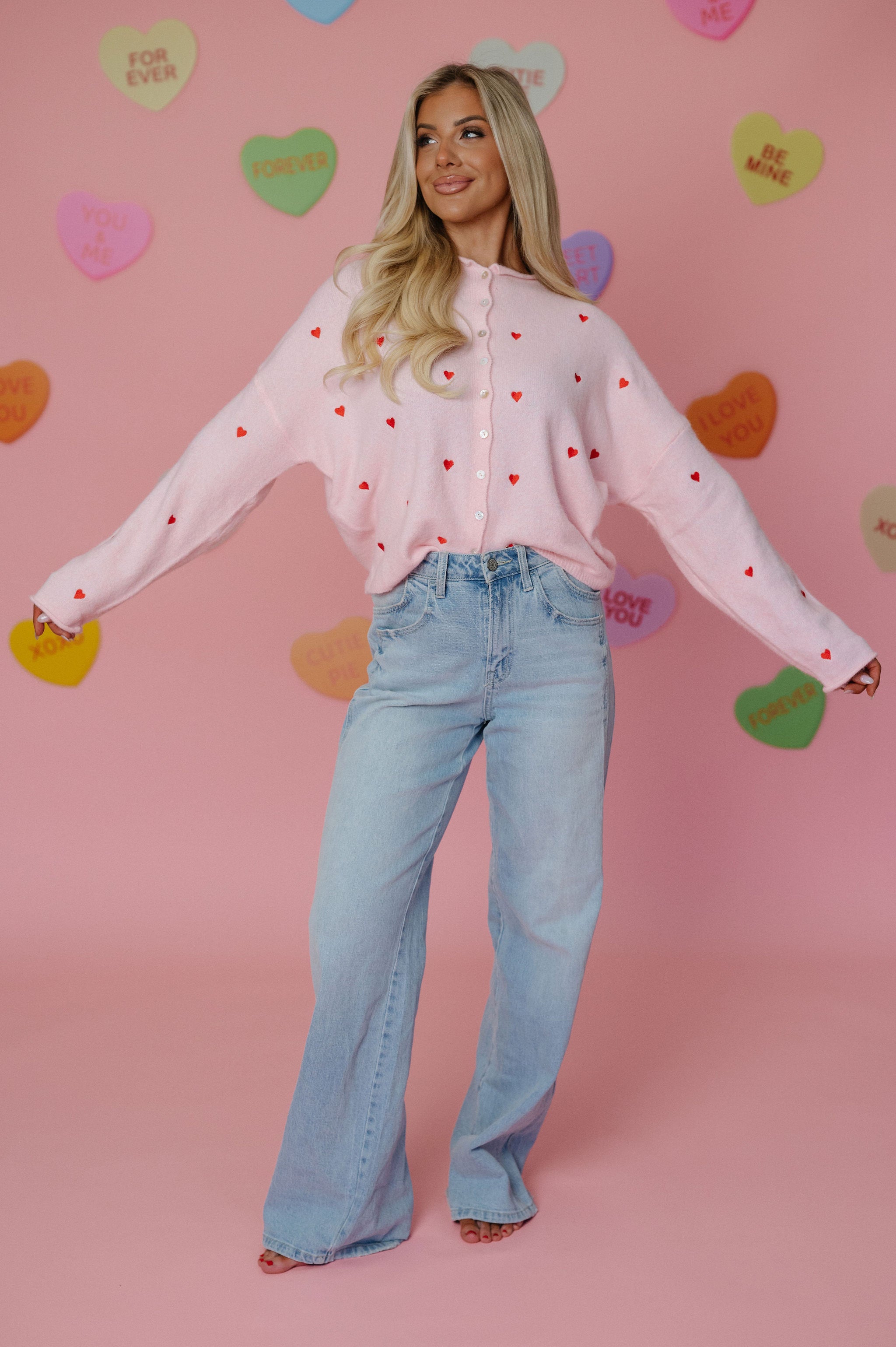 Heart Embroidered Cardigan-Pink/Red