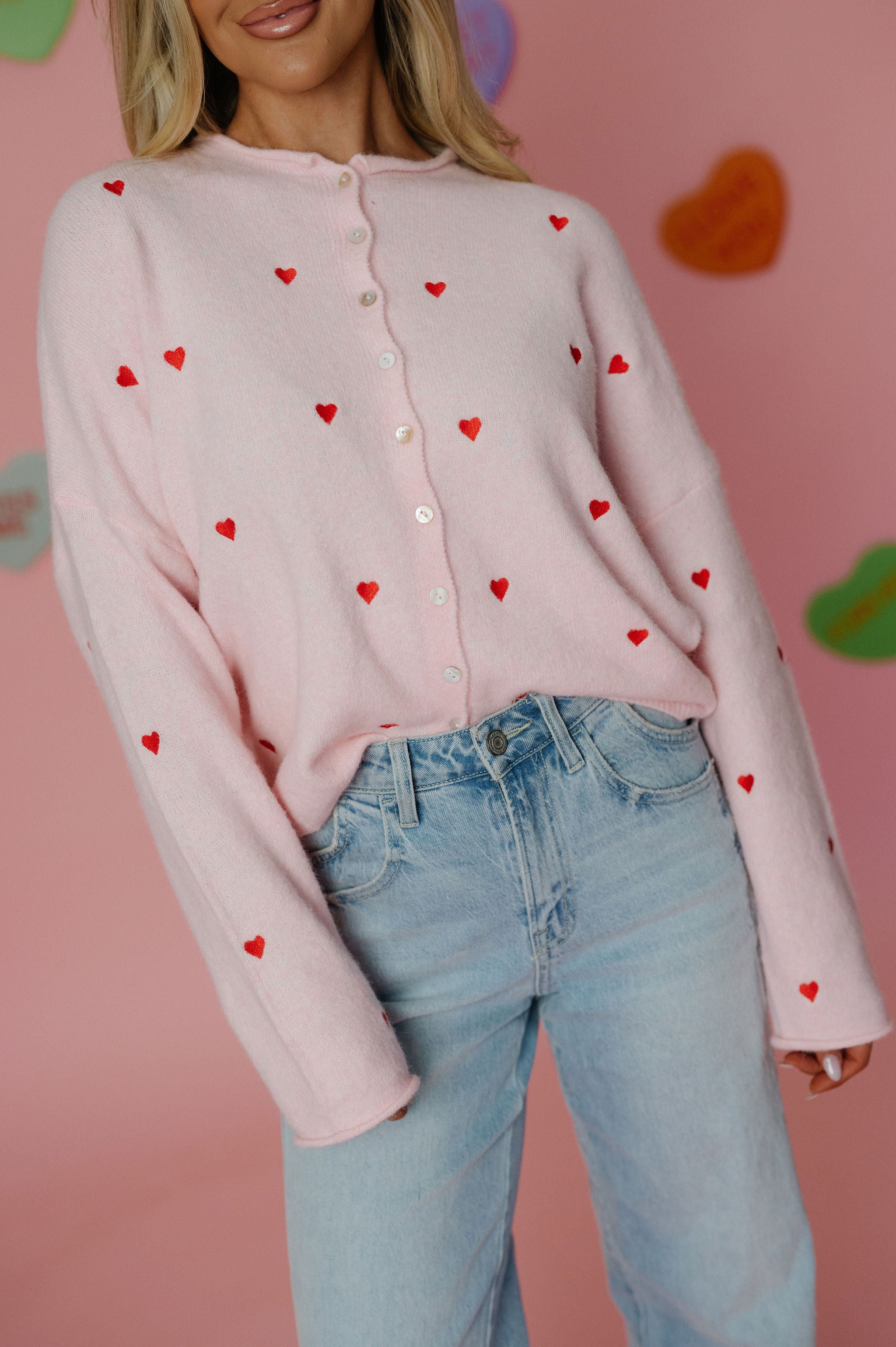 Heart Embroidered Cardigan-Pink/Red