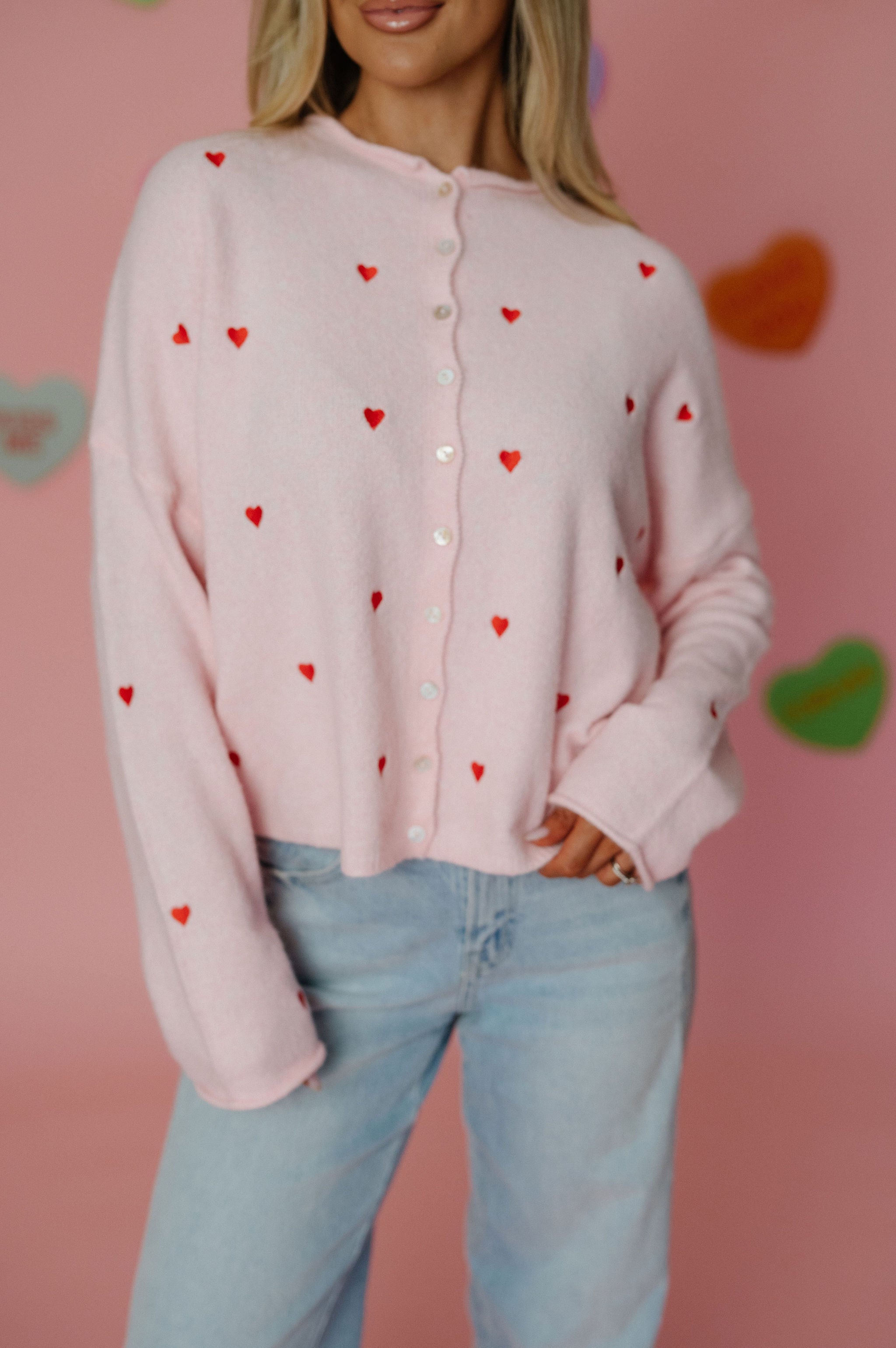 Heart Embroidered Cardigan-Pink/Red