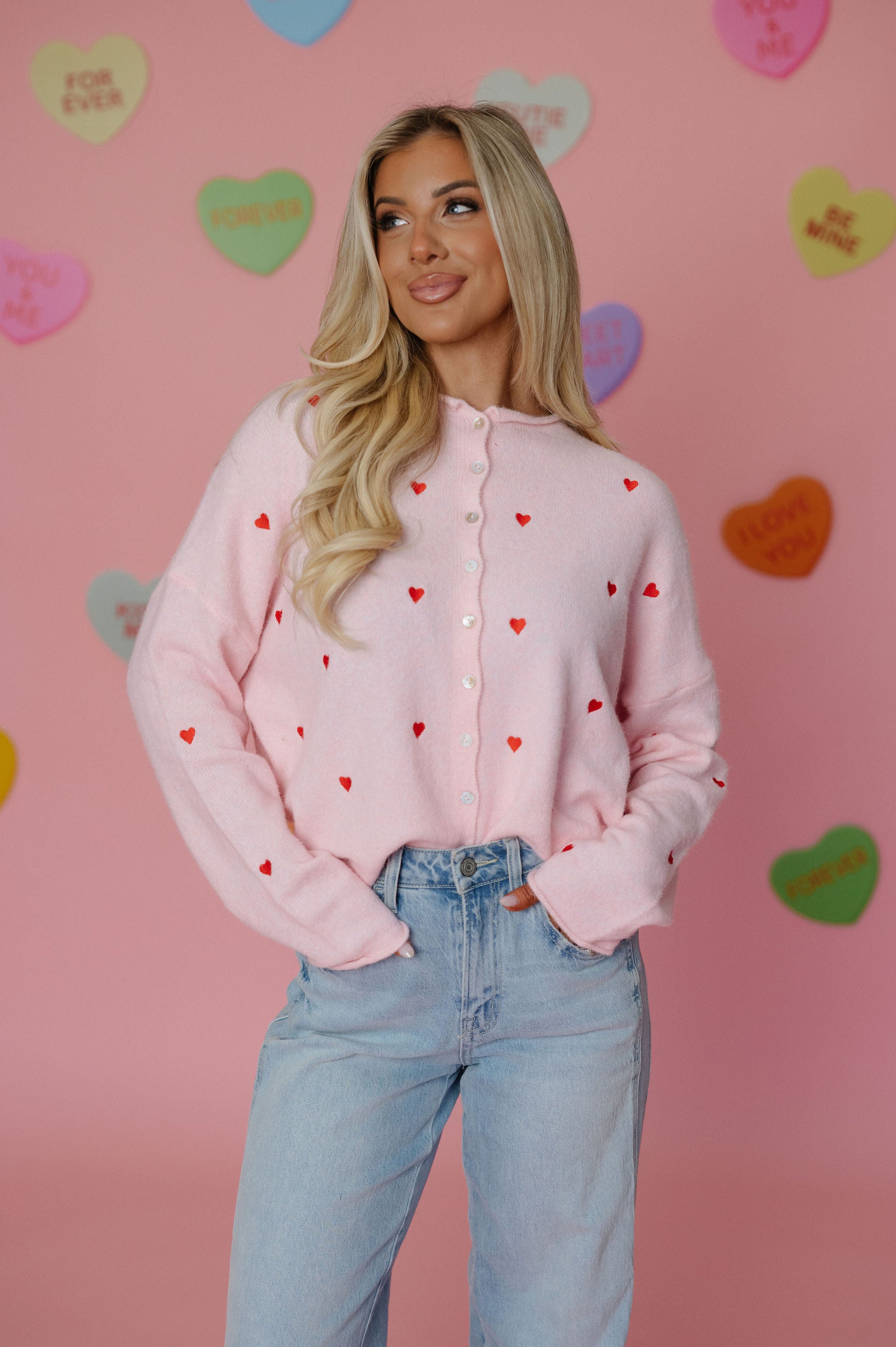 Heart Embroidered Cardigan-Pink/Red