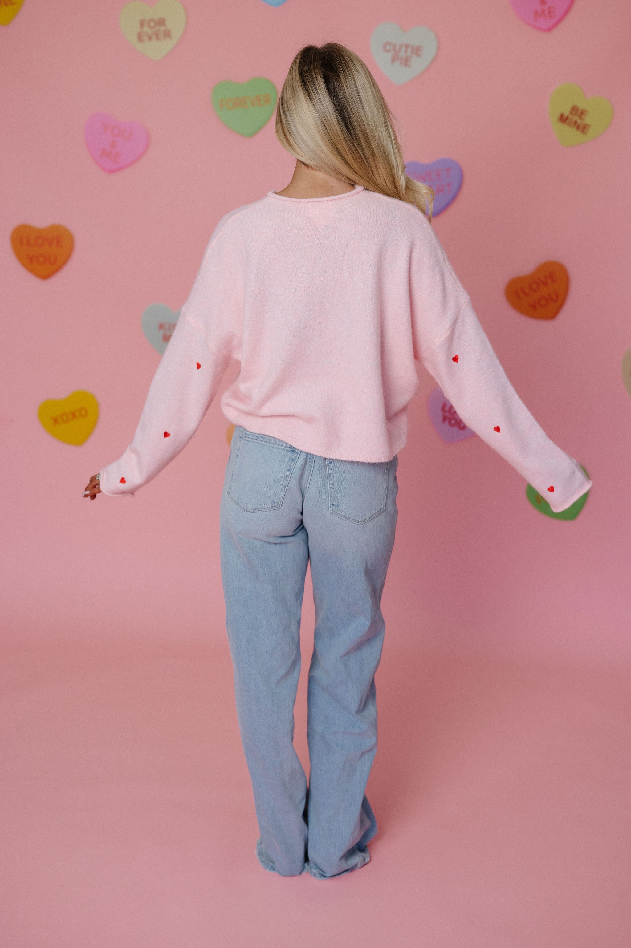 Heart Embroidered Cardigan-Pink/Red