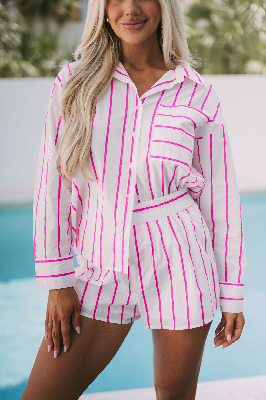 Evie Striped Button Down Shirt Set- White/Pink