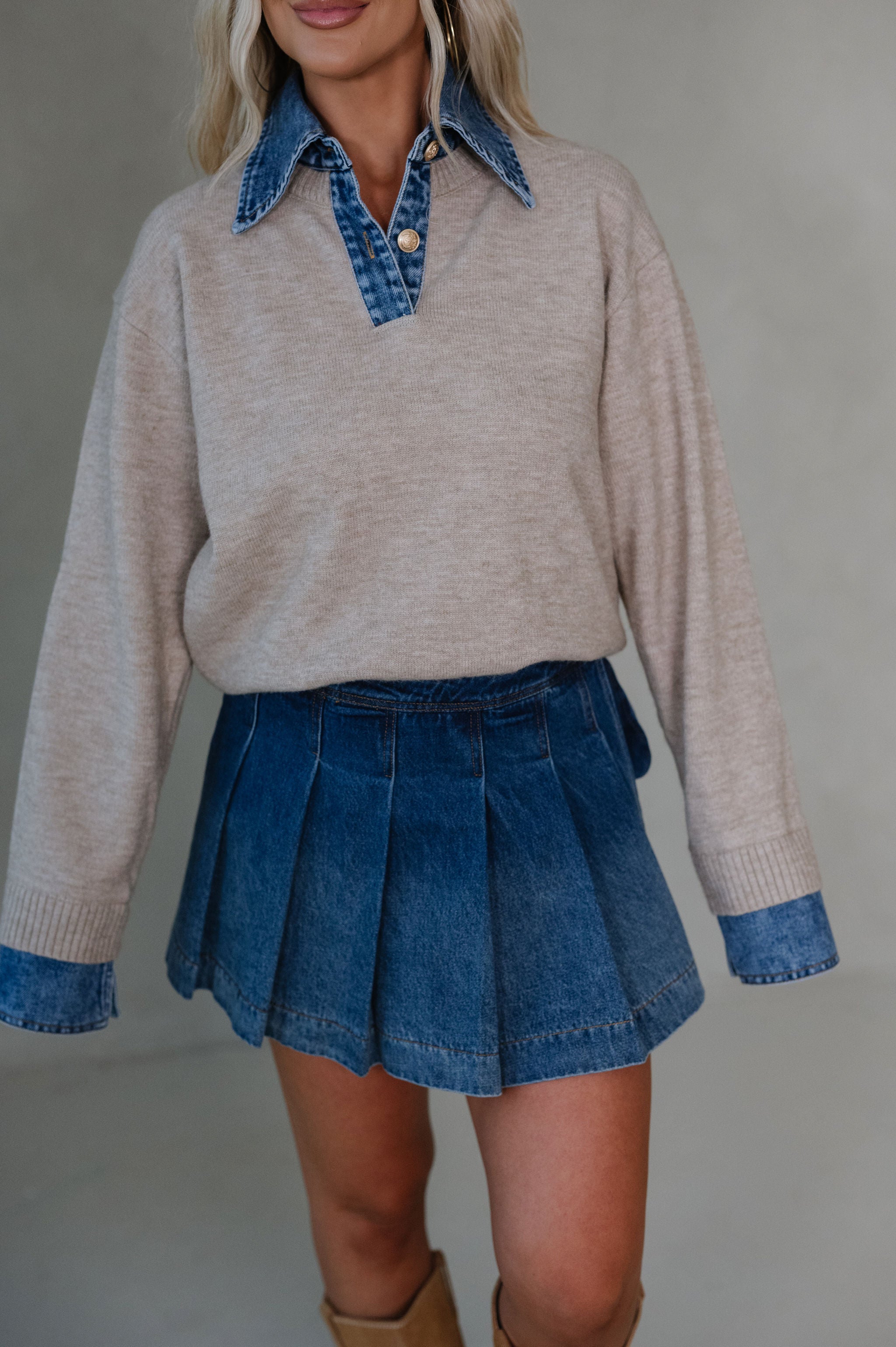 Lacie Denim Constrast Sweater-Khaki