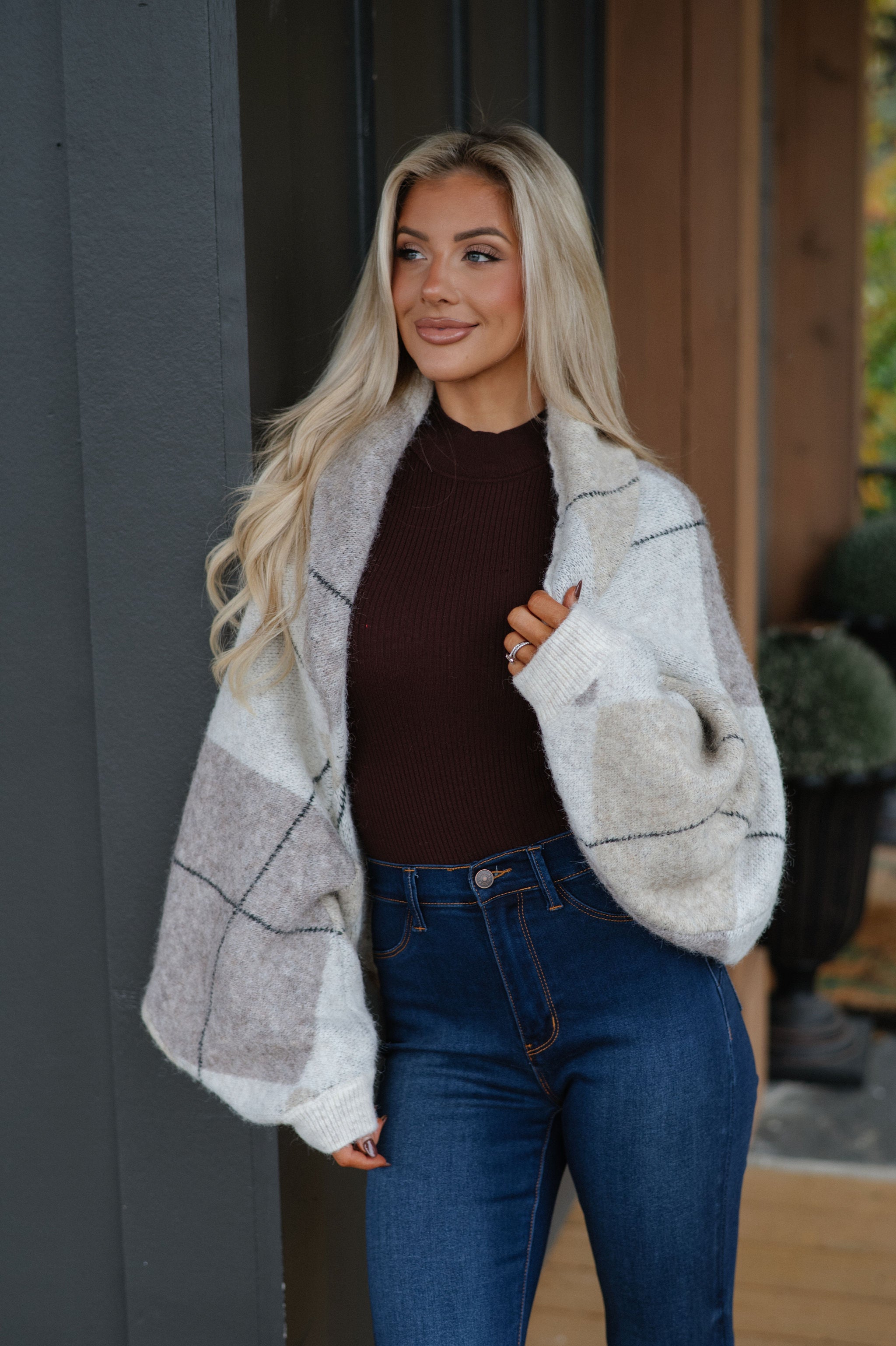 Argyle Knit Shrug Cardigan-Oatmeal