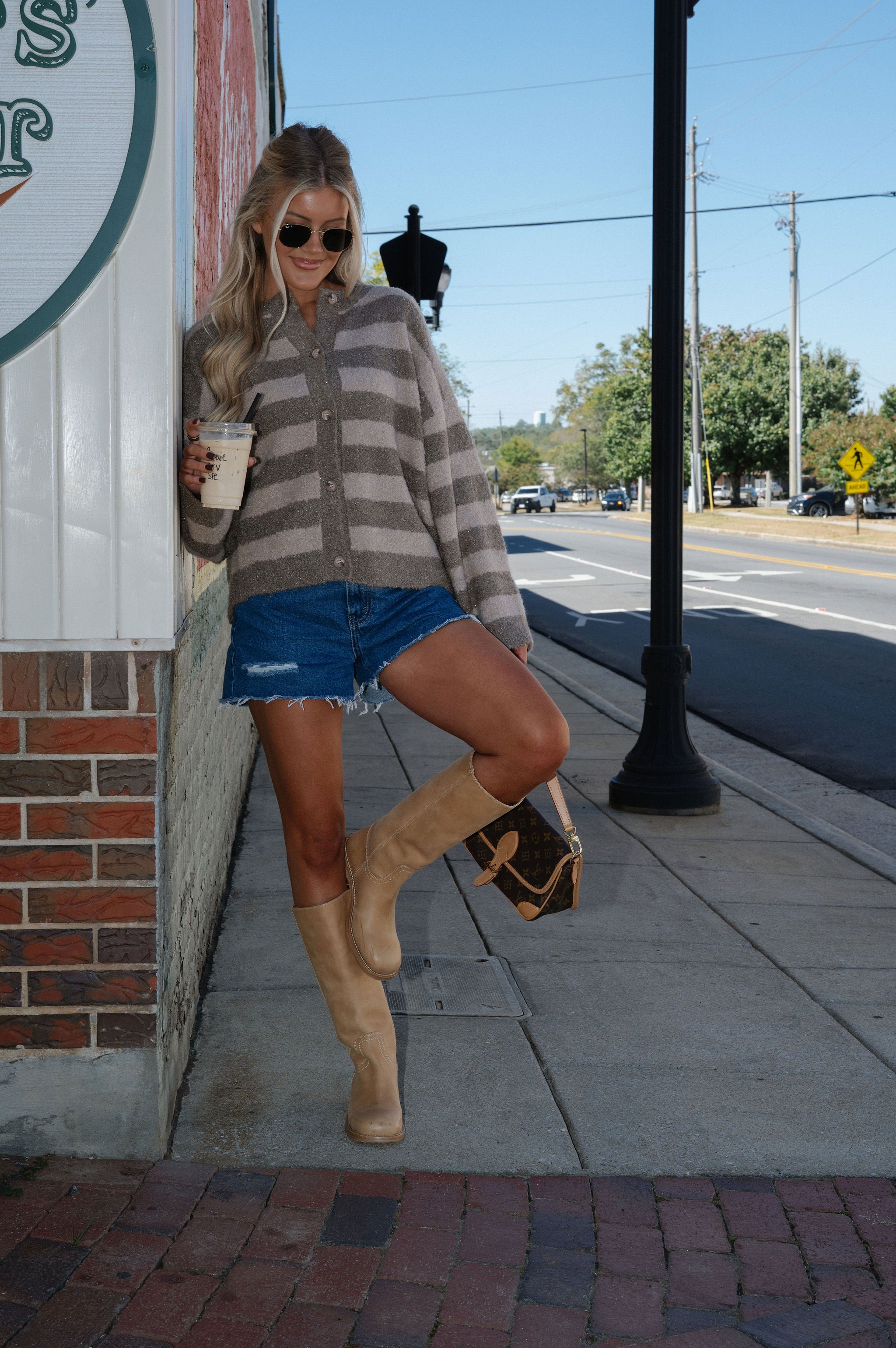 Fuzzy Stripe Cardigan-Beige/Taupe