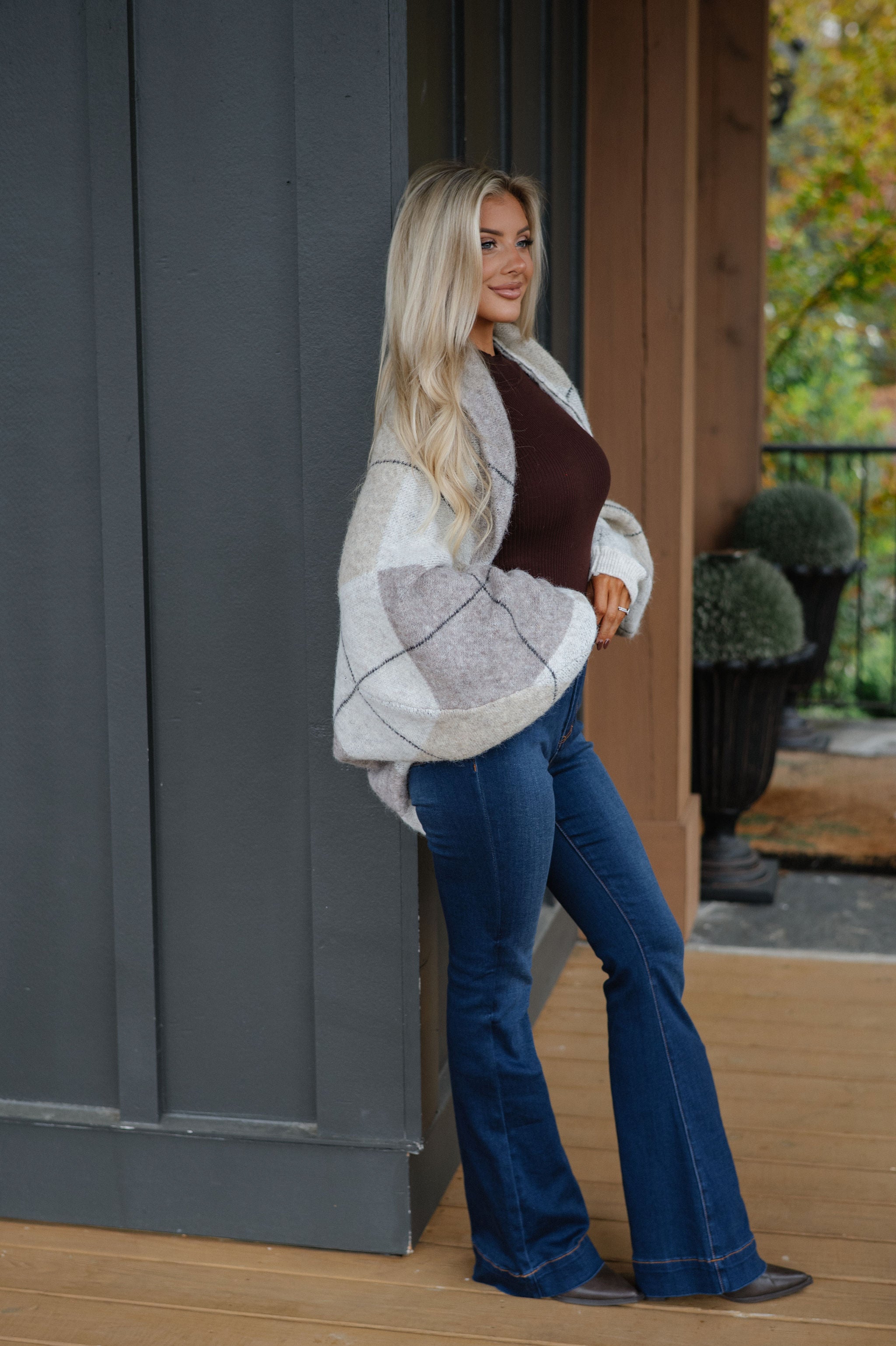 Argyle Knit Shrug Cardigan-Oatmeal
