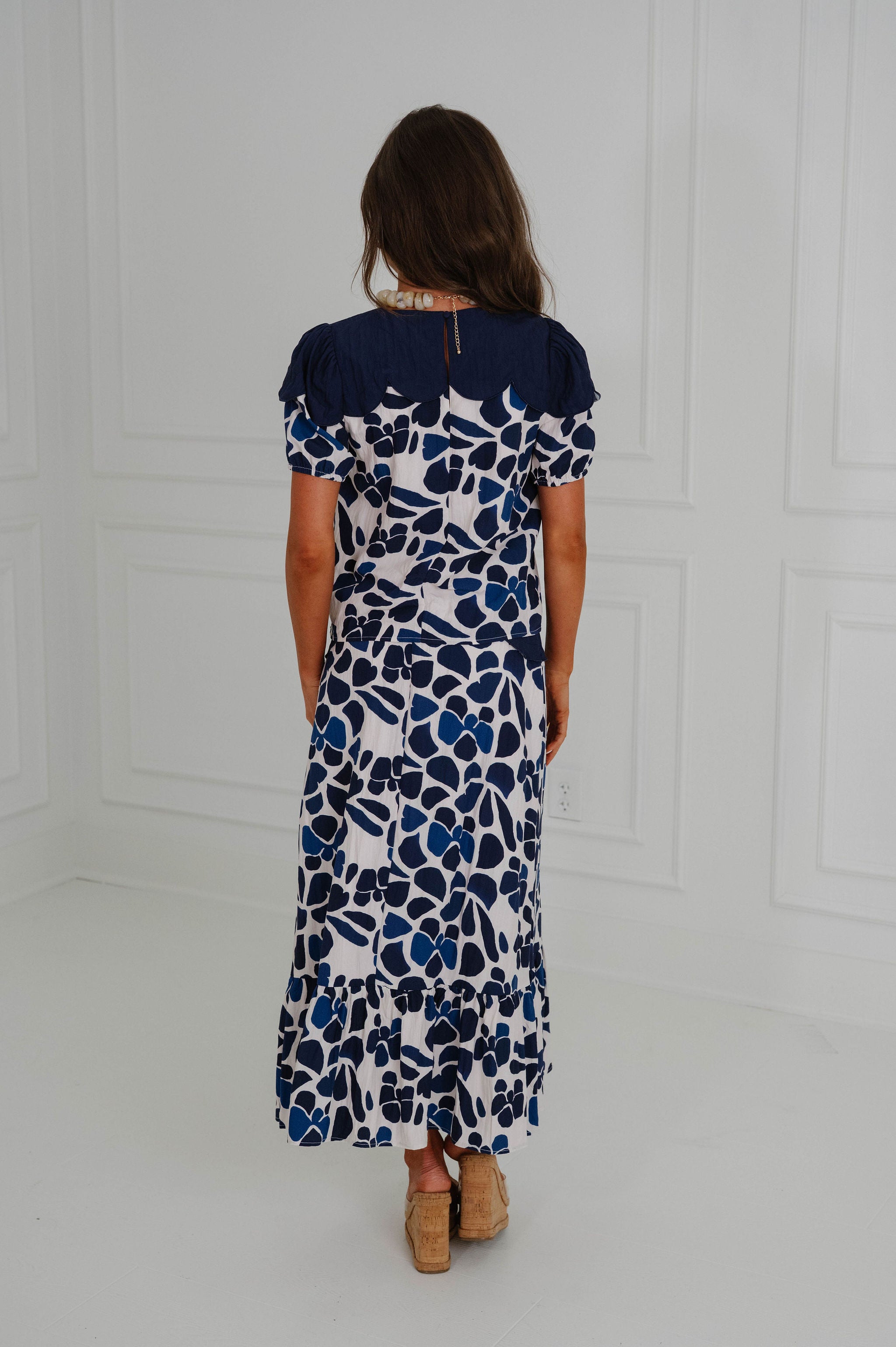 Melissa Scallop Detail Skirt Set-Navy Multi