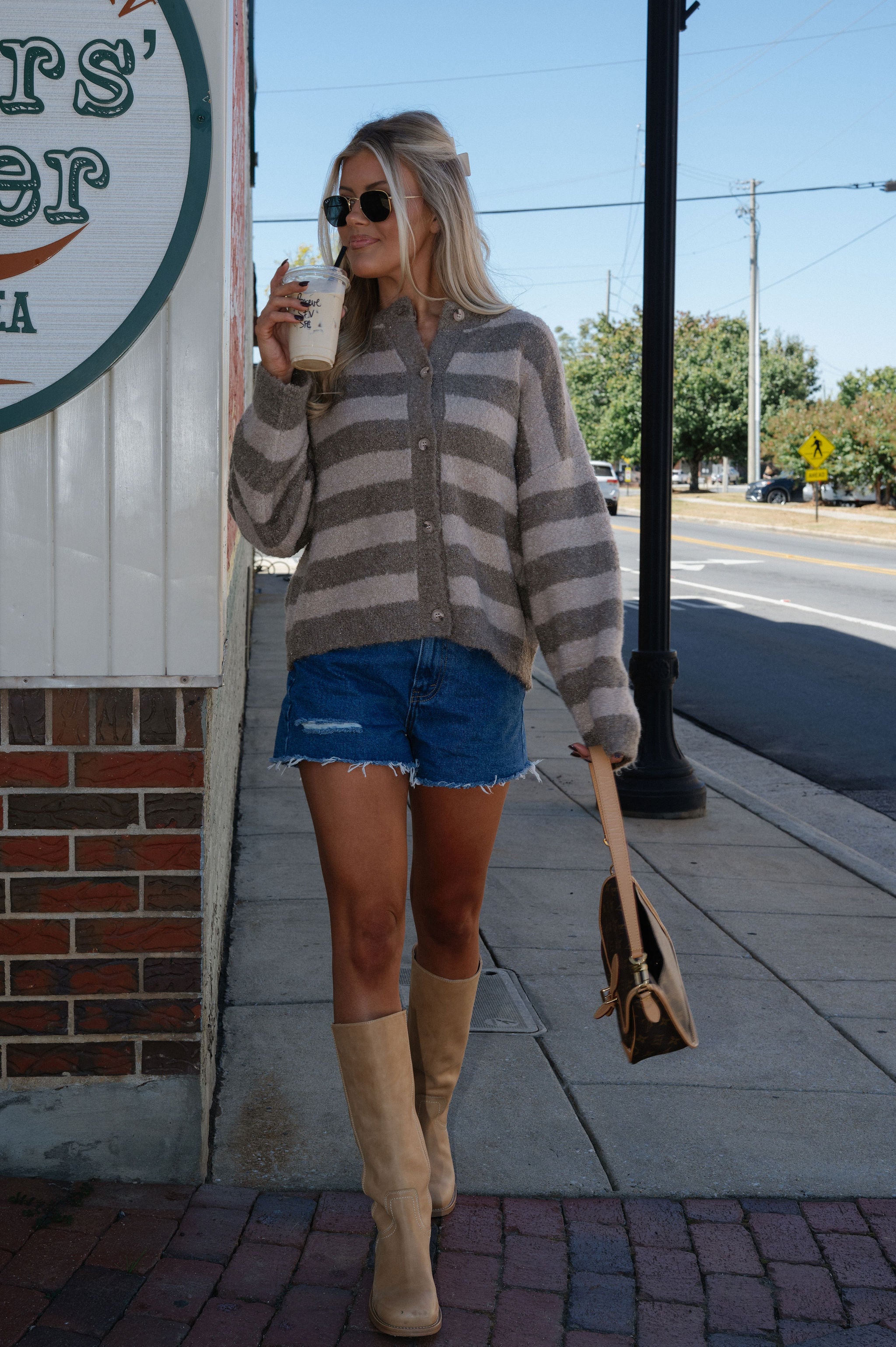 Fuzzy Stripe Cardigan-Beige/Taupe
