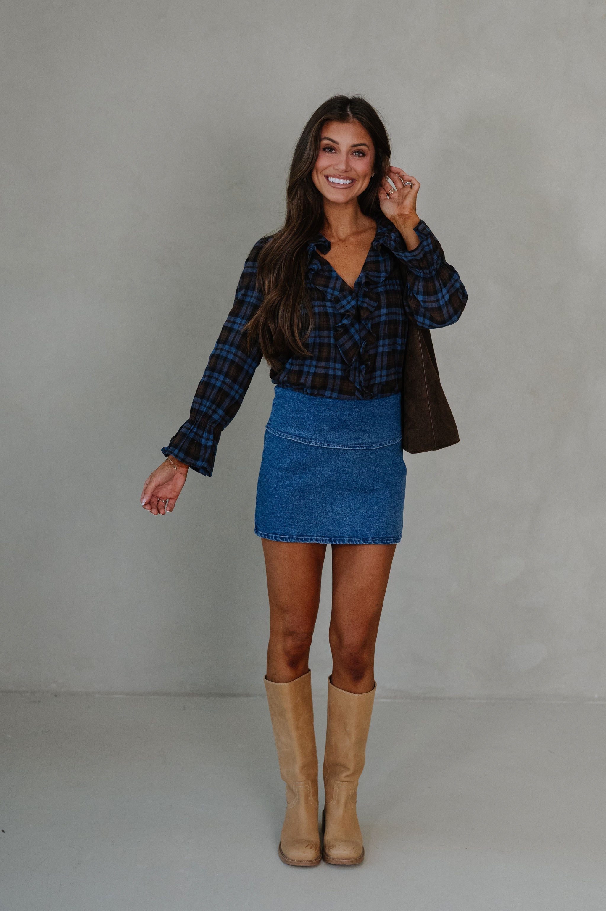 Lena Ruffle Plaid Blouse-Blue